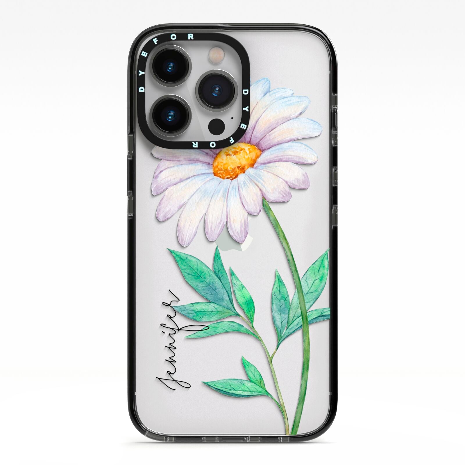 Personalised Daisies iPhone 13 Pro Black Impact Case on Silver phone
