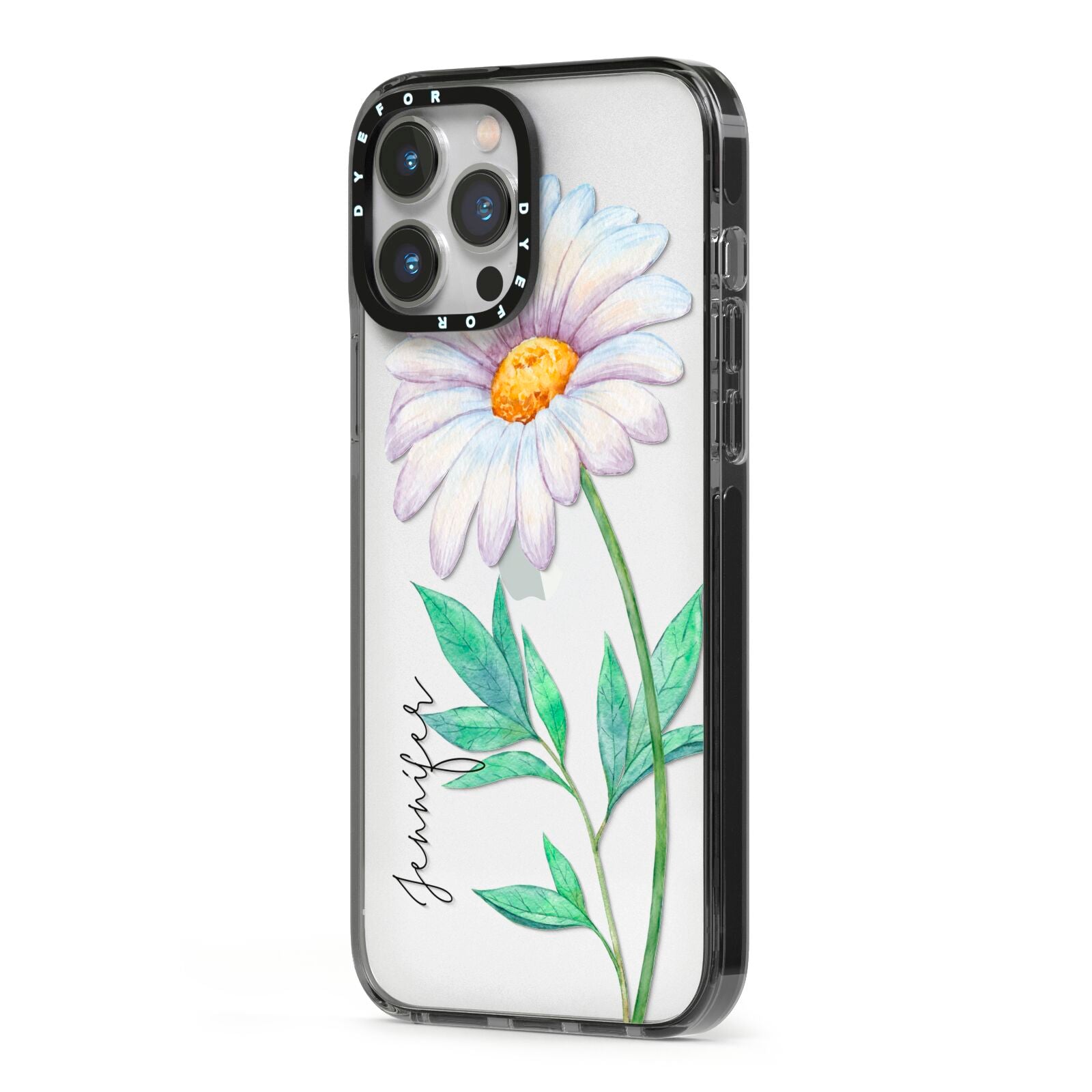 Personalised Daisies iPhone 13 Pro Max Black Impact Case Side Angle on Silver phone
