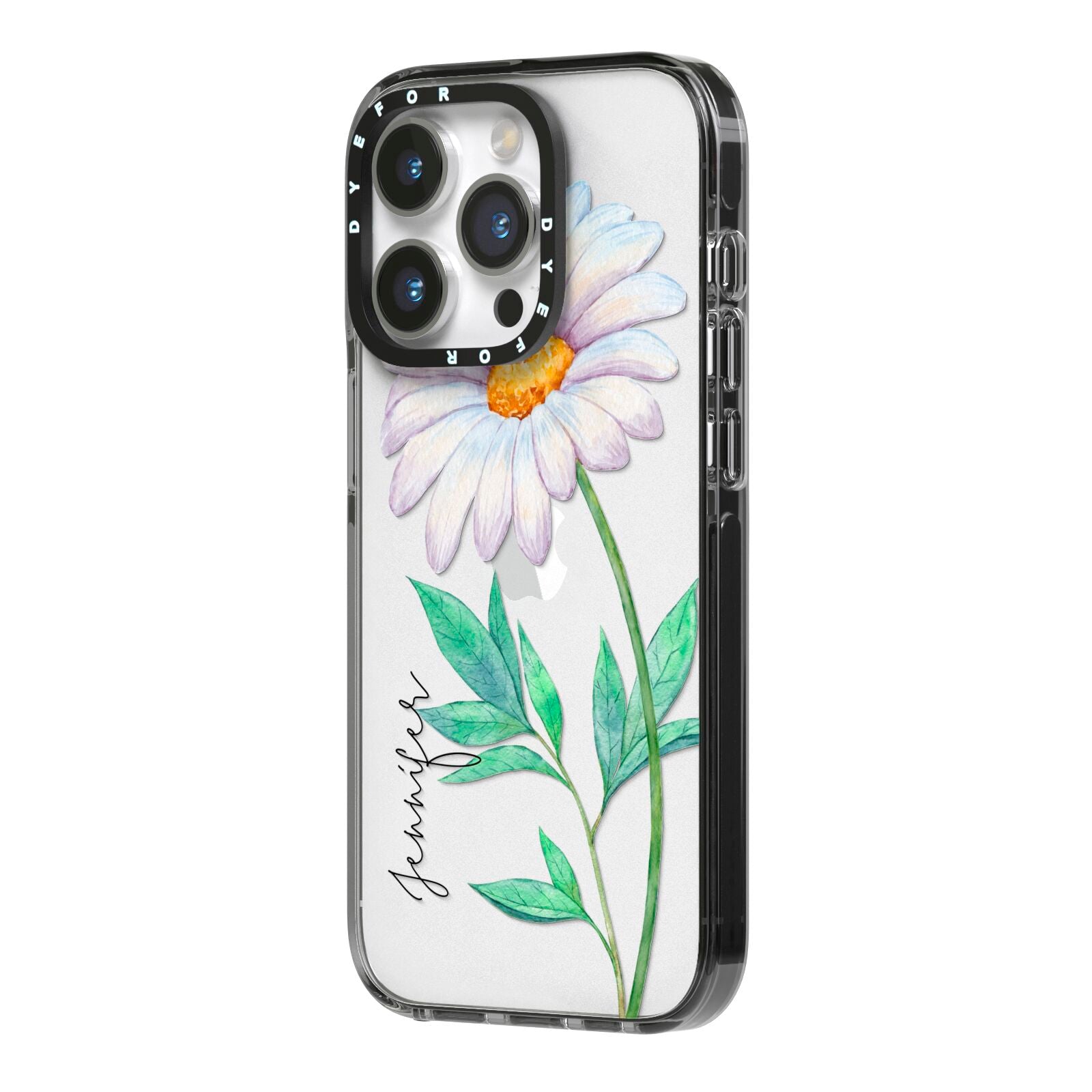 Personalised Daisies iPhone 14 Pro Black Impact Case Side Angle on Silver phone