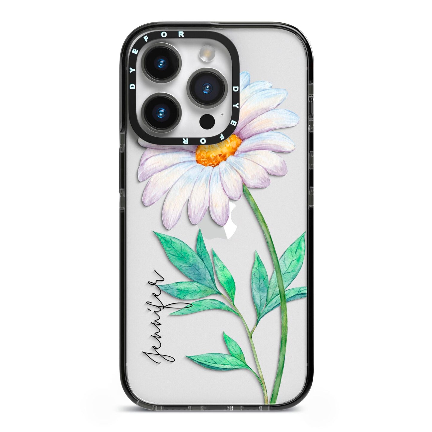 Personalised Daisies iPhone 14 Pro Black Impact Case on Silver phone