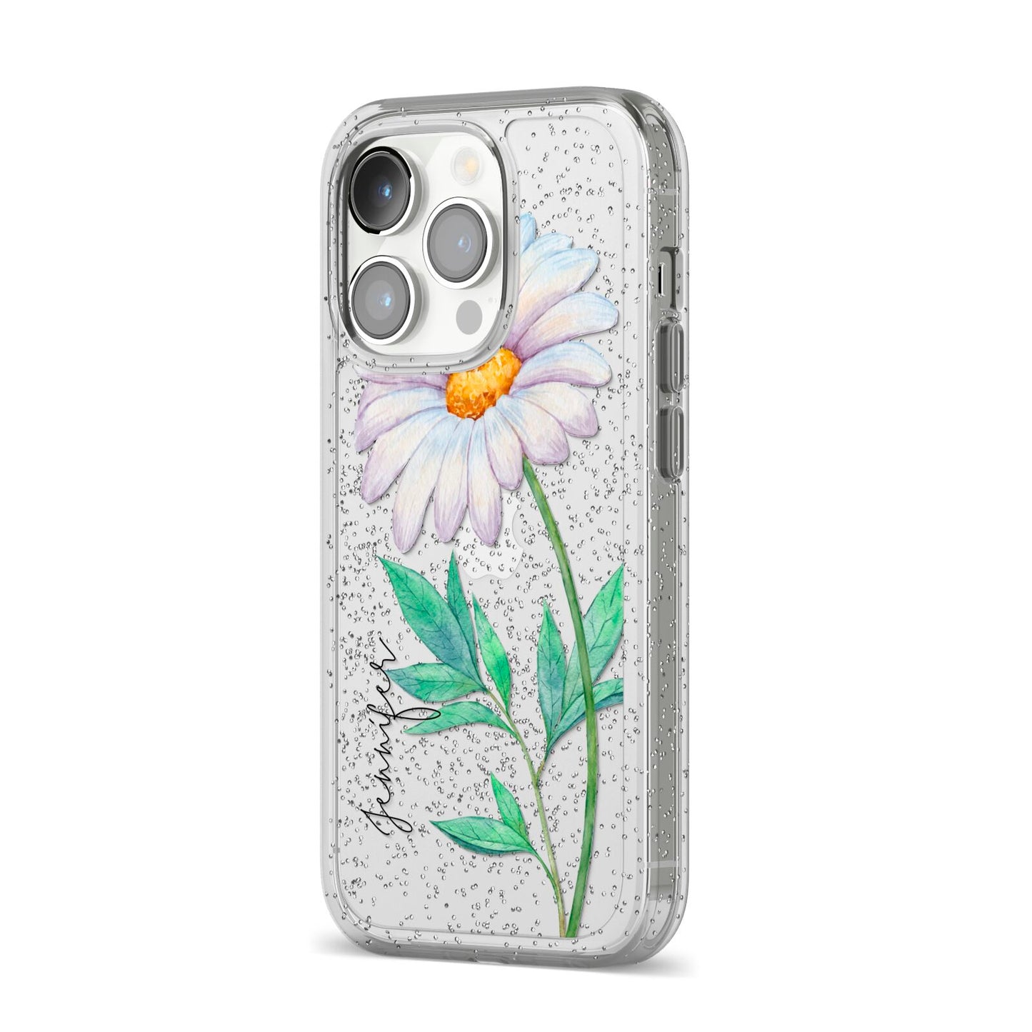 Personalised Daisies iPhone 14 Pro Glitter Tough Case Silver Angled Image