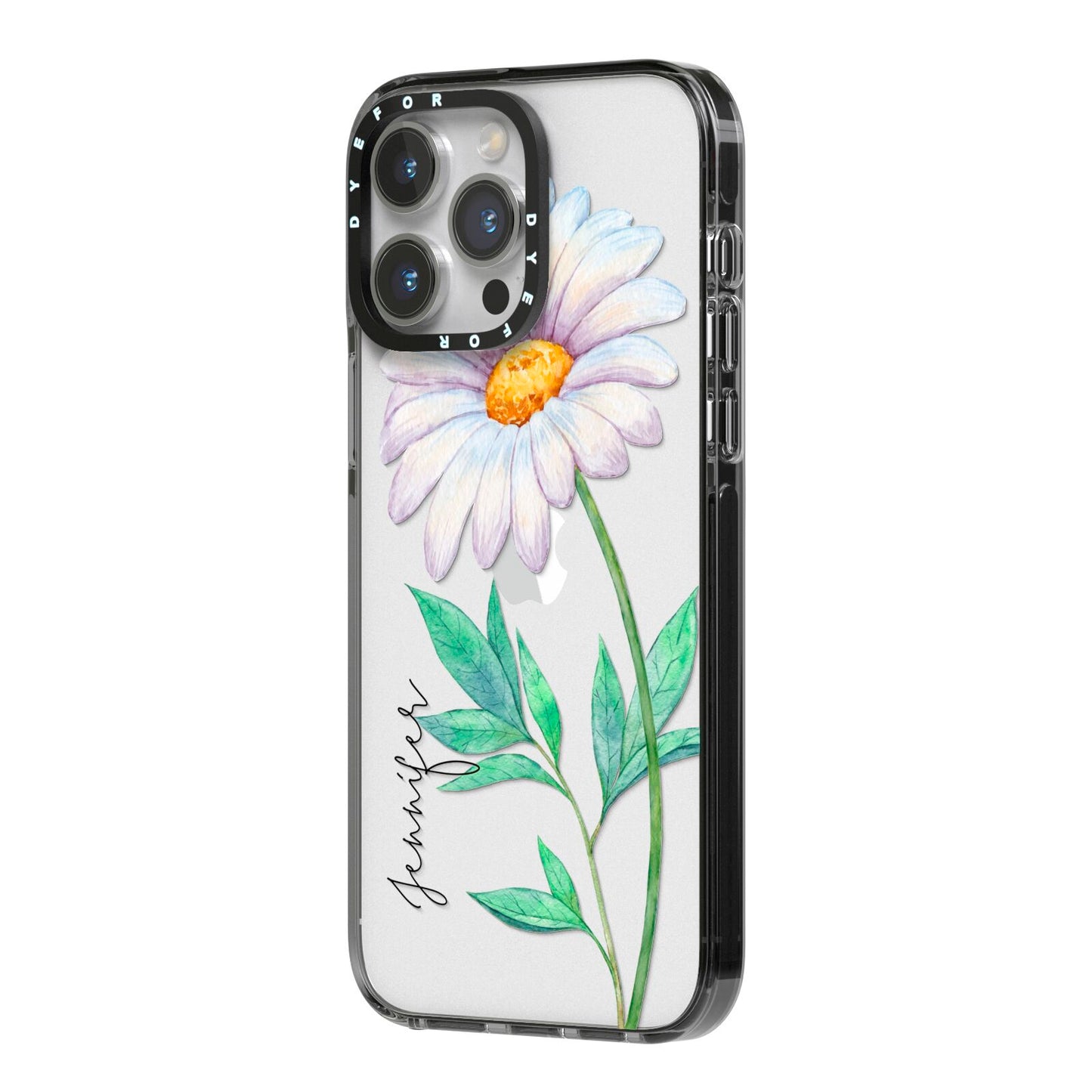Personalised Daisies iPhone 14 Pro Max Black Impact Case Side Angle on Silver phone