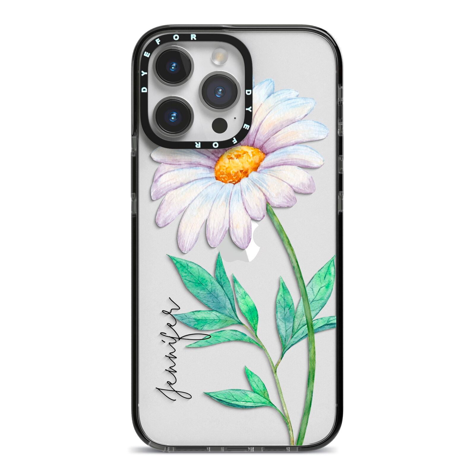 Personalised Daisies iPhone 14 Pro Max Black Impact Case on Silver phone