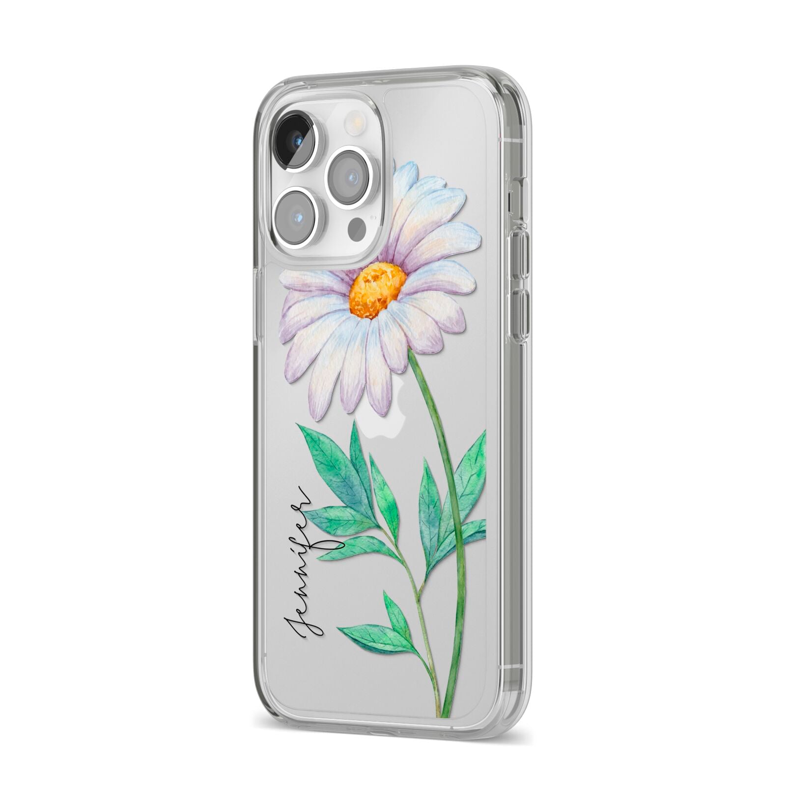 Personalised Daisies iPhone 14 Pro Max Clear Tough Case Silver Angled Image