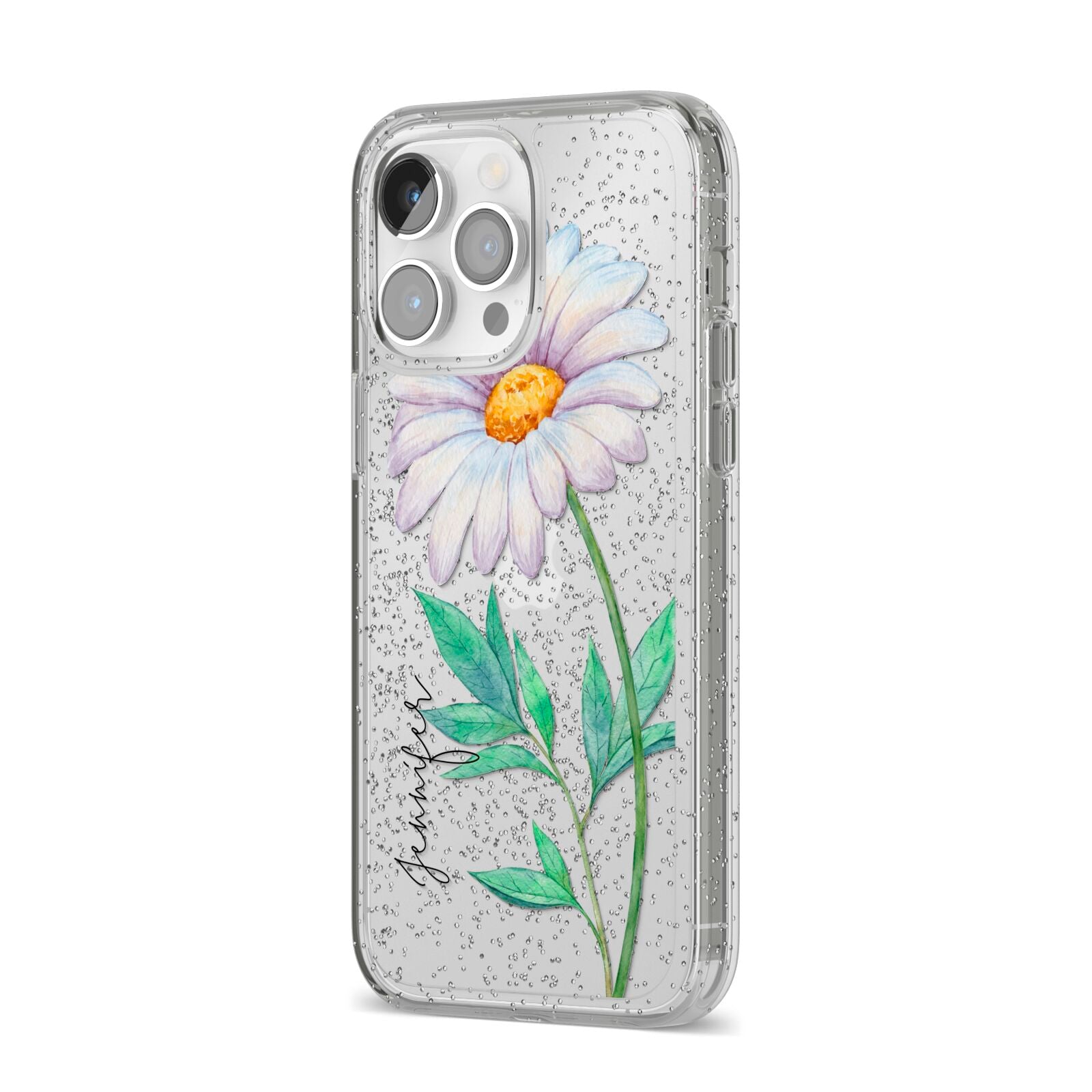 Personalised Daisies iPhone 14 Pro Max Glitter Tough Case Silver Angled Image