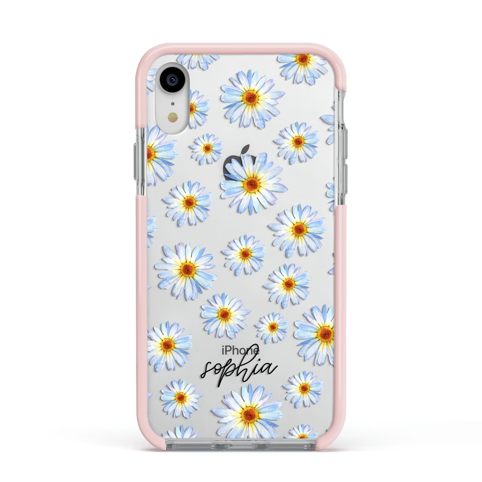 Personalised Daisy Apple iPhone XR Impact Case Pink Edge on Silver Phone