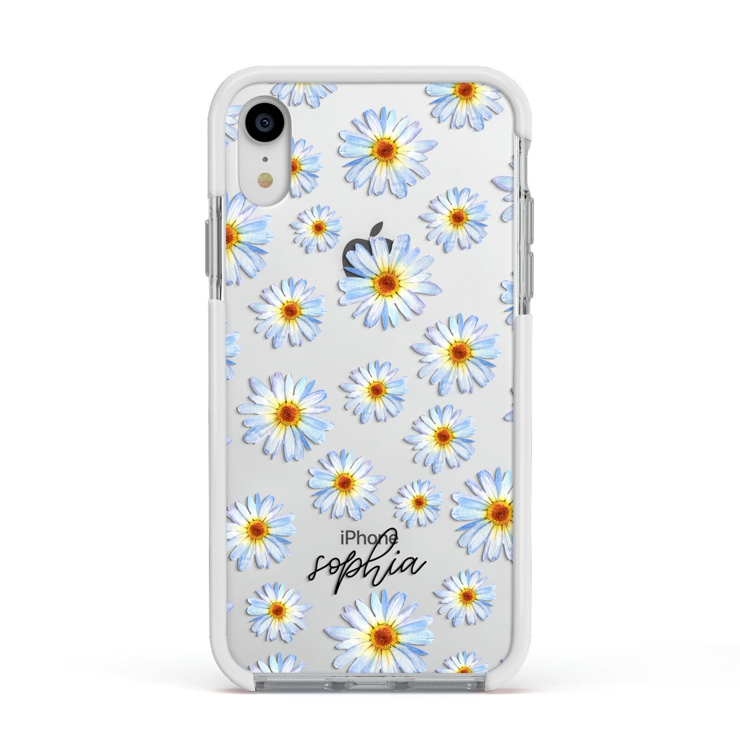 Personalised Daisy Apple iPhone XR Impact Case White Edge on Silver Phone