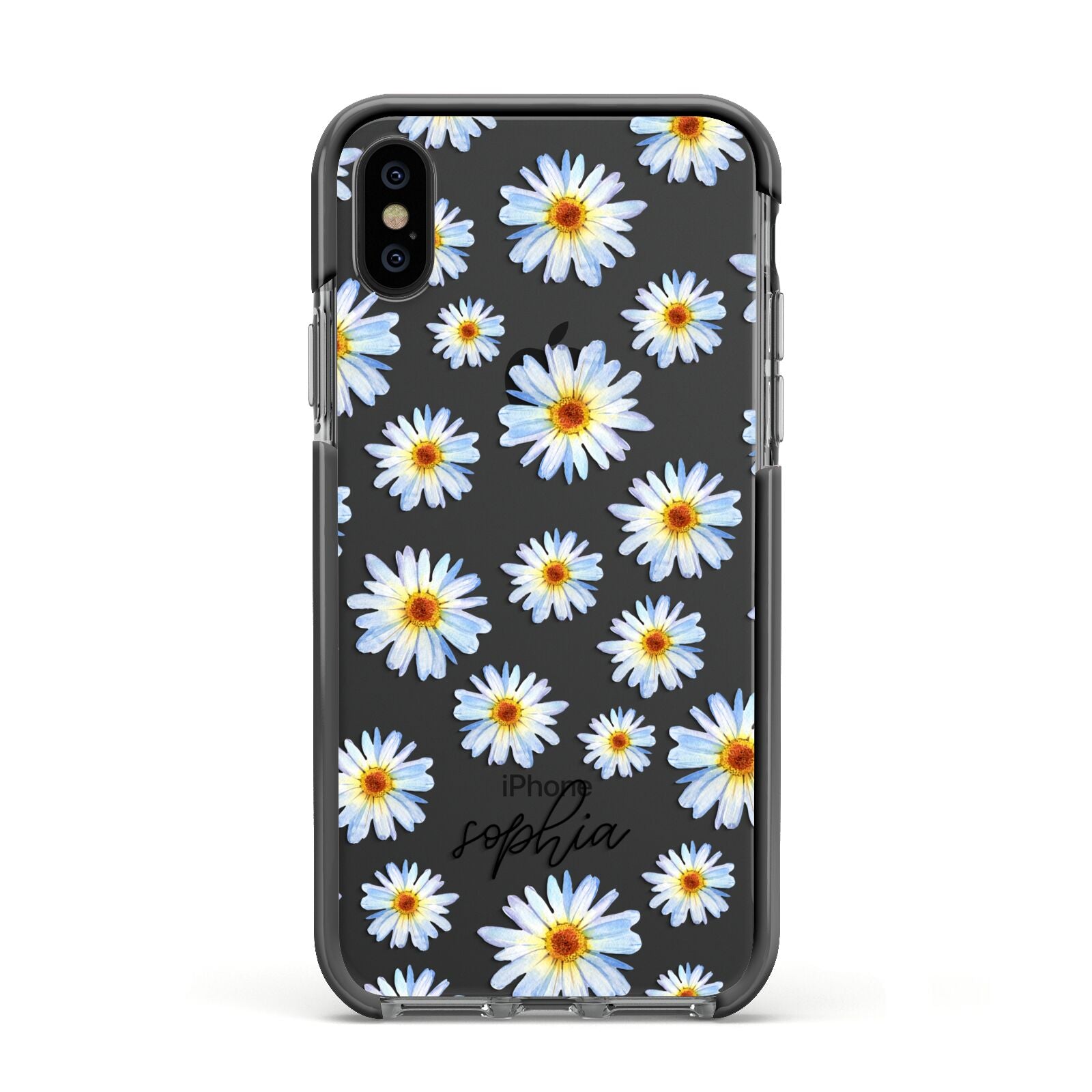Personalised Daisy Apple iPhone Xs Impact Case Black Edge on Black Phone