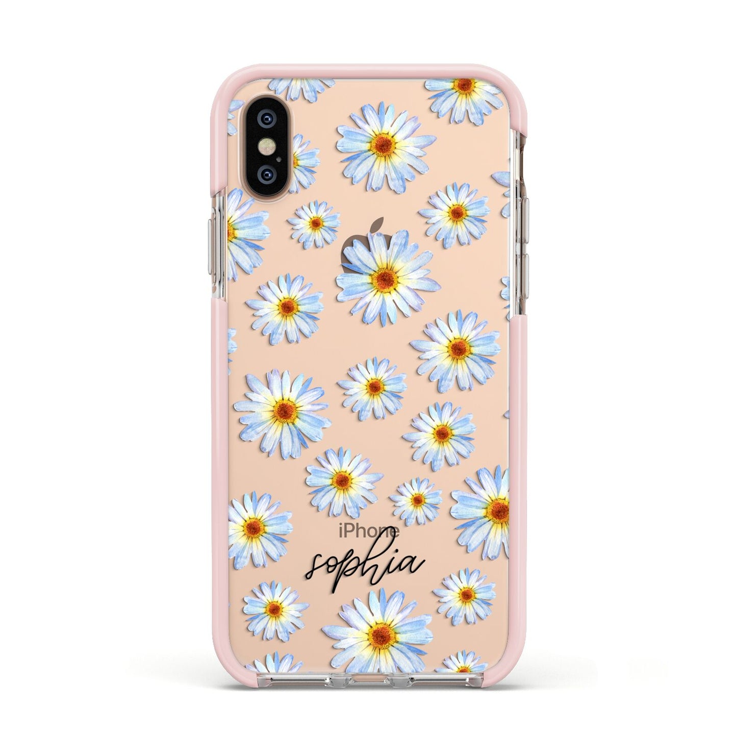 Personalised Daisy Apple iPhone Xs Impact Case Pink Edge on Gold Phone