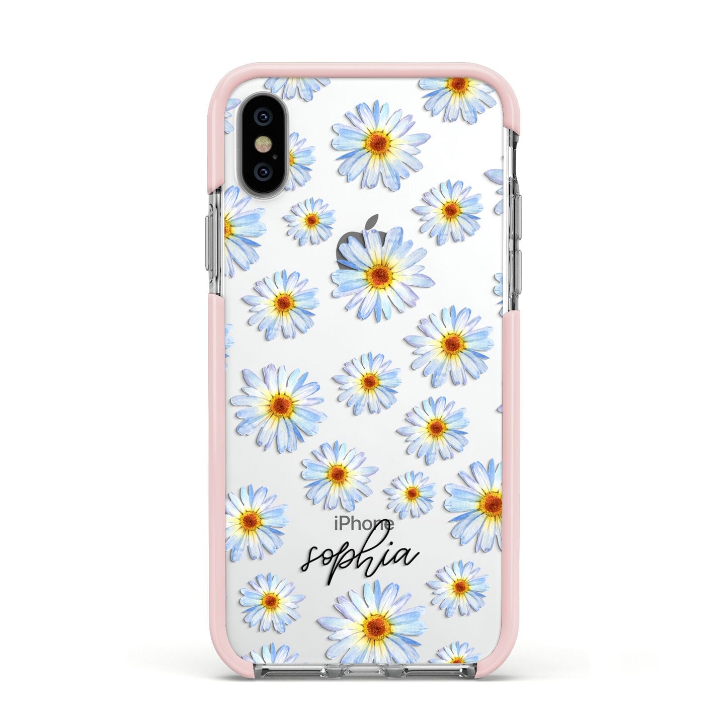 Personalised Daisy Apple iPhone Xs Impact Case Pink Edge on Silver Phone