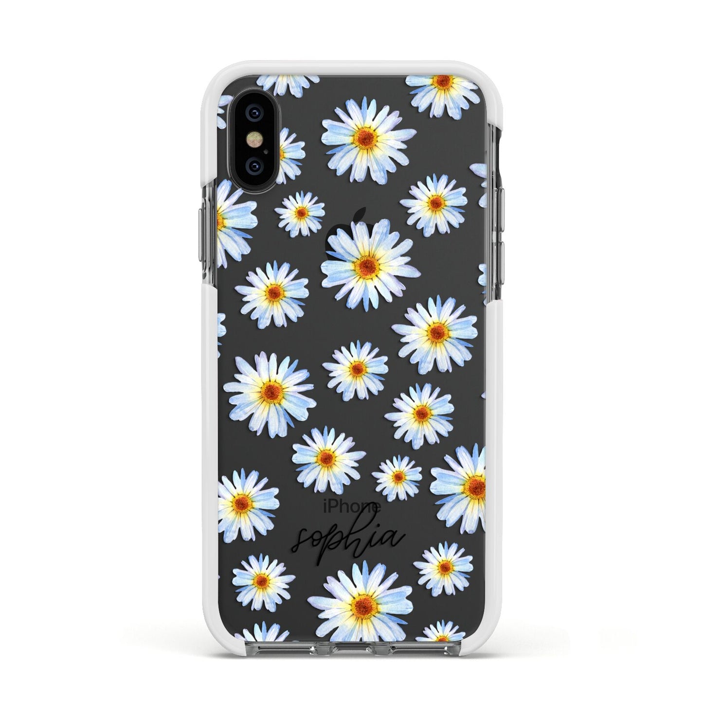 Personalised Daisy Apple iPhone Xs Impact Case White Edge on Black Phone