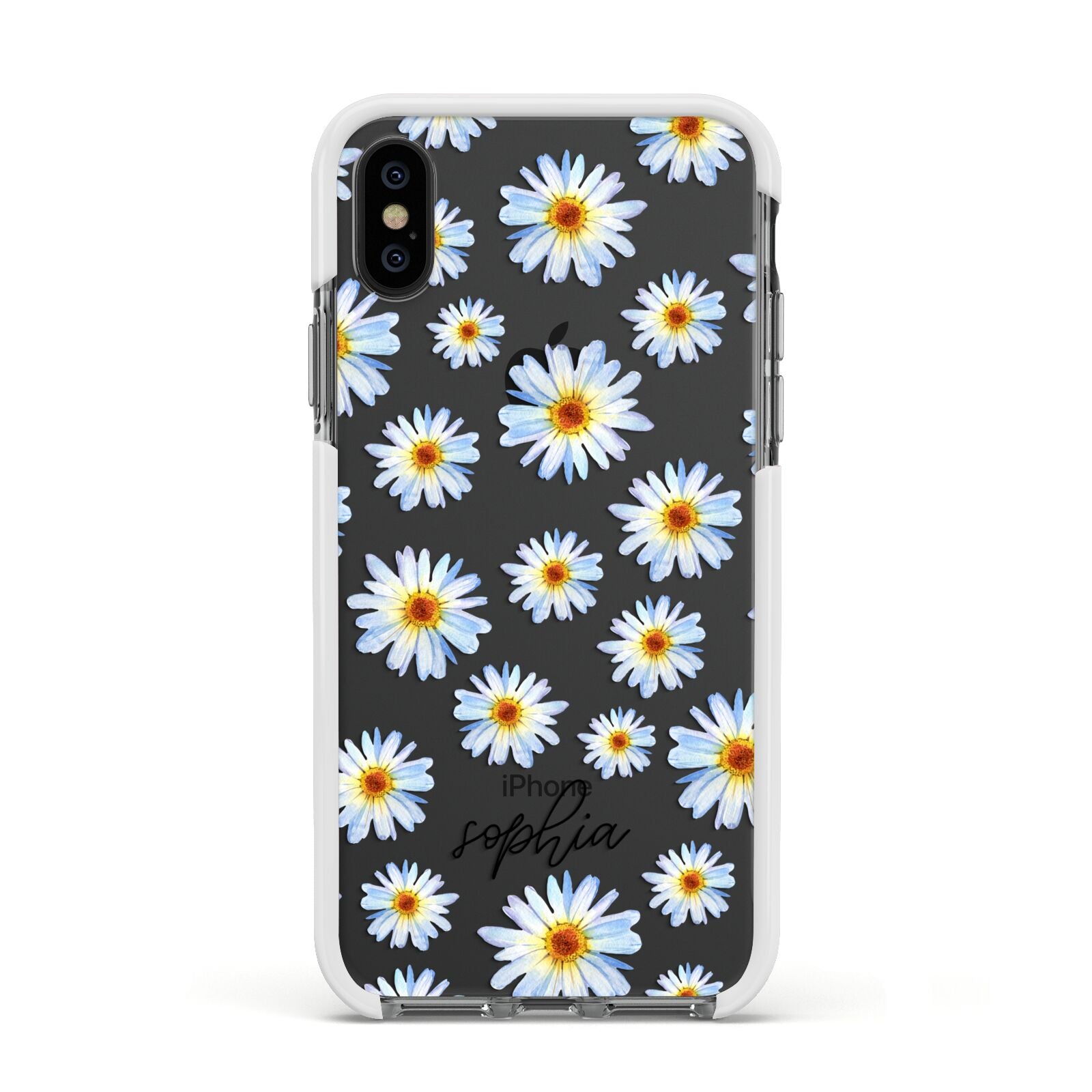 Personalised Daisy Apple iPhone Xs Impact Case White Edge on Black Phone