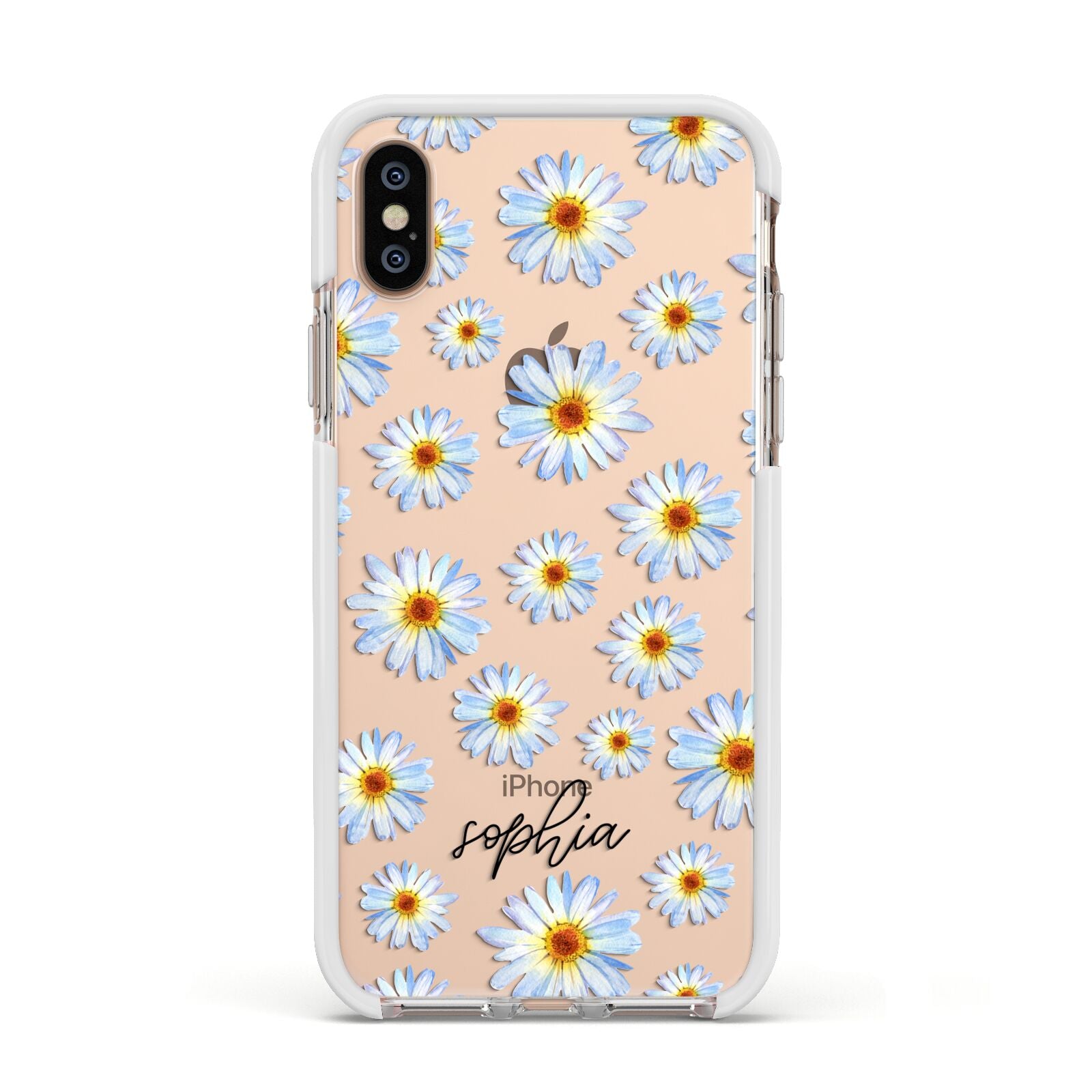 Personalised Daisy Apple iPhone Xs Impact Case White Edge on Gold Phone