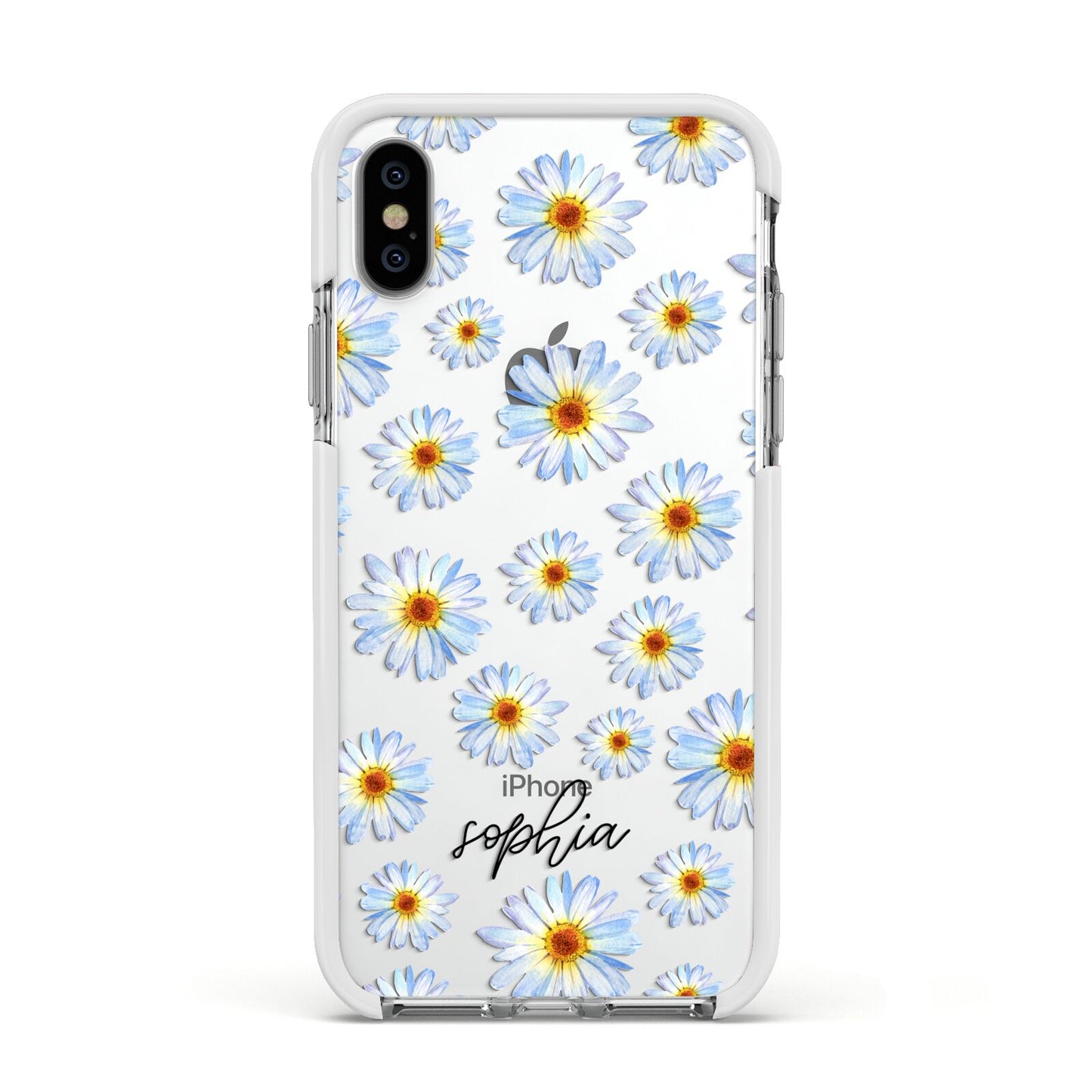 Personalised Daisy Apple iPhone Xs Impact Case White Edge on Silver Phone
