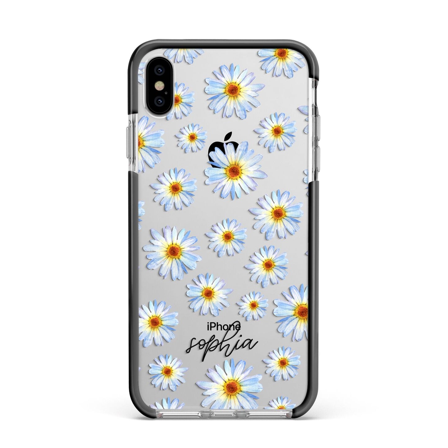 Personalised Daisy Apple iPhone Xs Max Impact Case Black Edge on Silver Phone