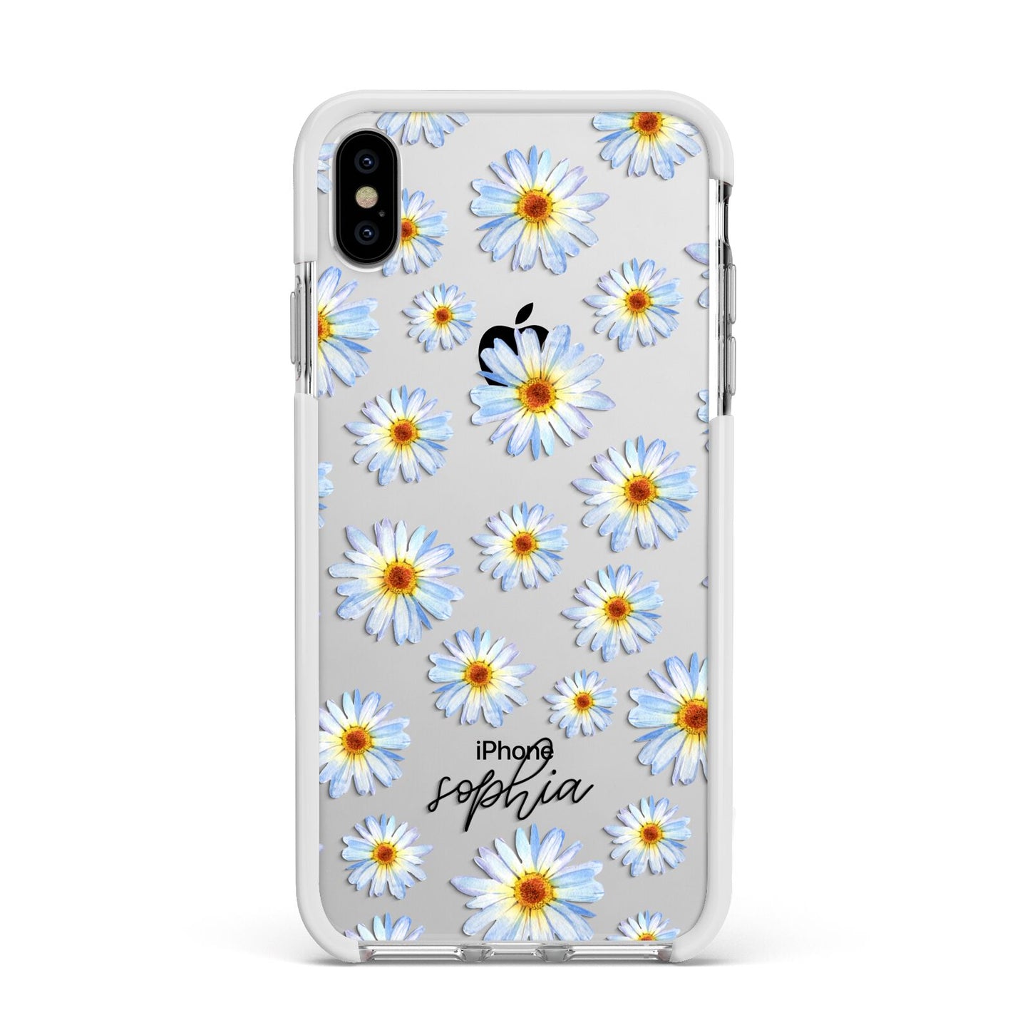 Personalised Daisy Apple iPhone Xs Max Impact Case White Edge on Silver Phone