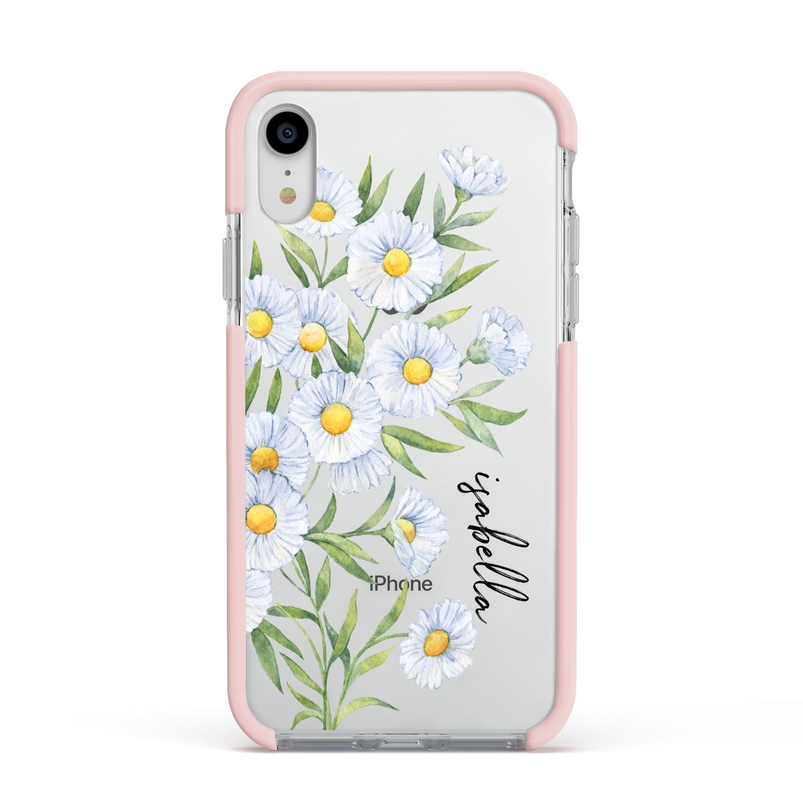 Personalised Daisy Flower Apple iPhone XR Impact Case Pink Edge on Silver Phone