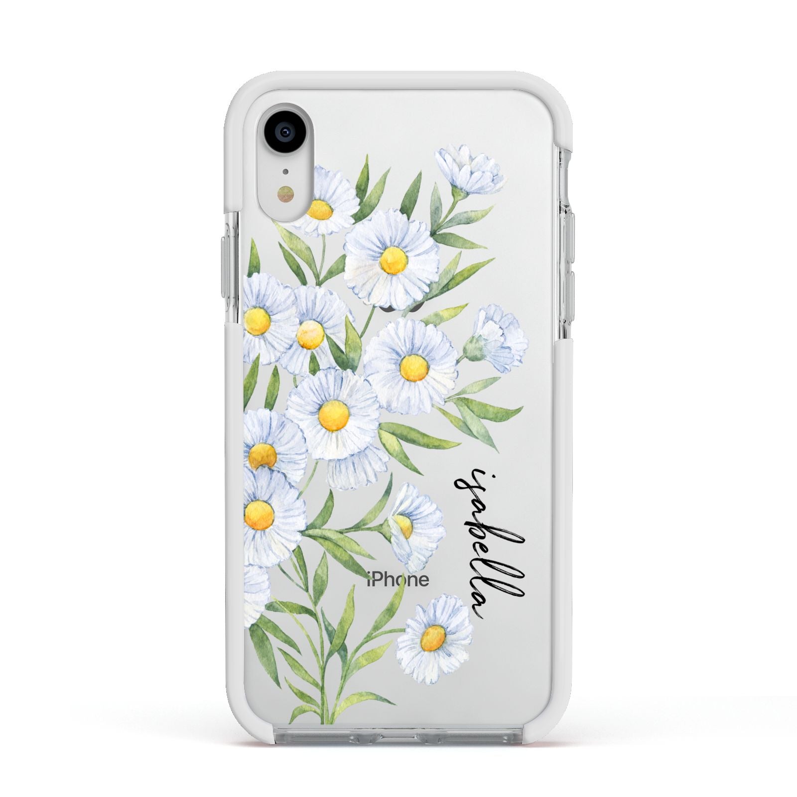 Personalised Daisy Flower Apple iPhone XR Impact Case White Edge on Silver Phone