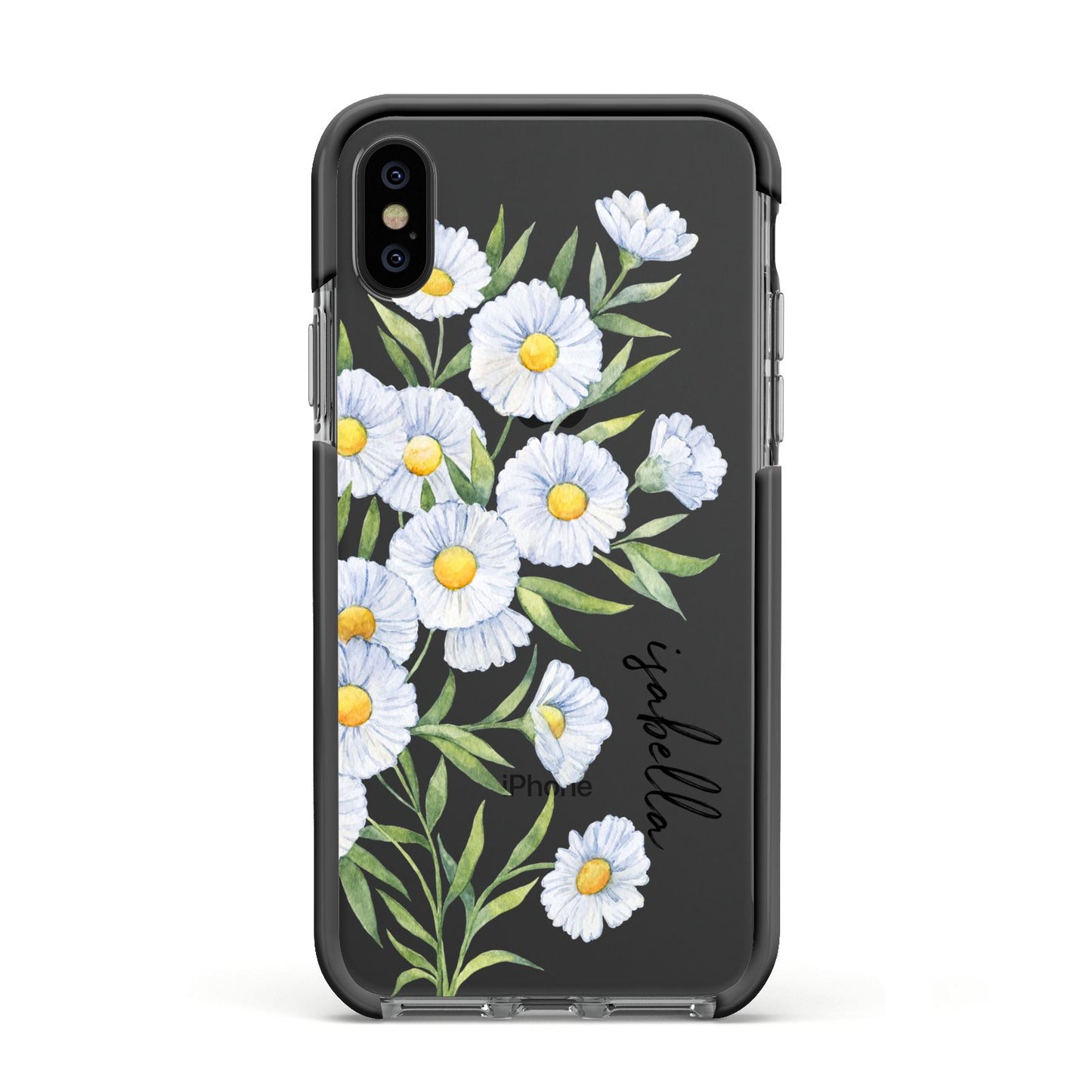 Personalised Daisy Flower Apple iPhone Xs Impact Case Black Edge on Black Phone