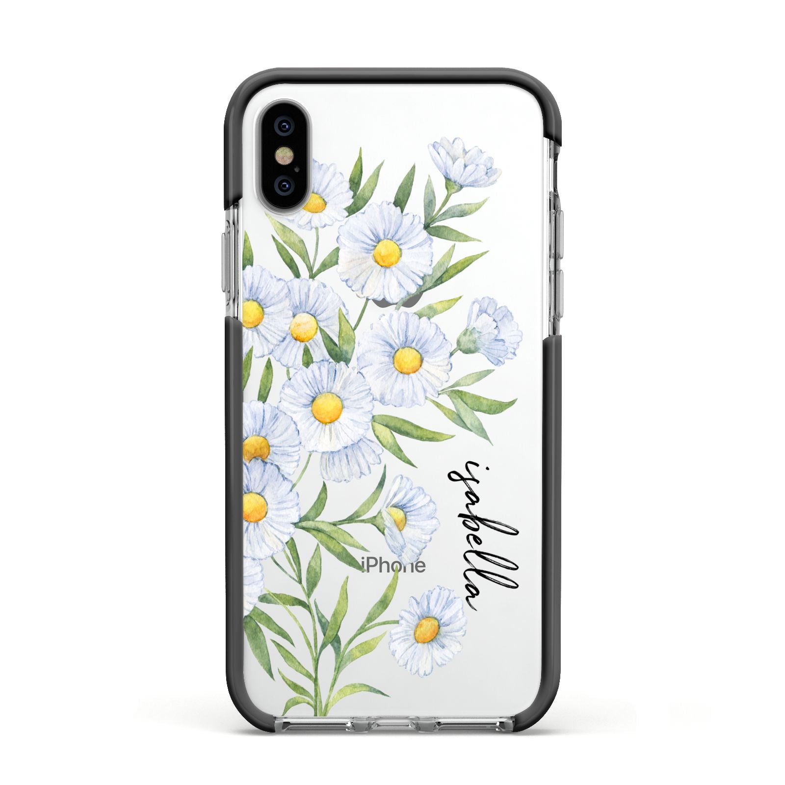 Personalised Daisy Flower Apple iPhone Xs Impact Case Black Edge on Silver Phone