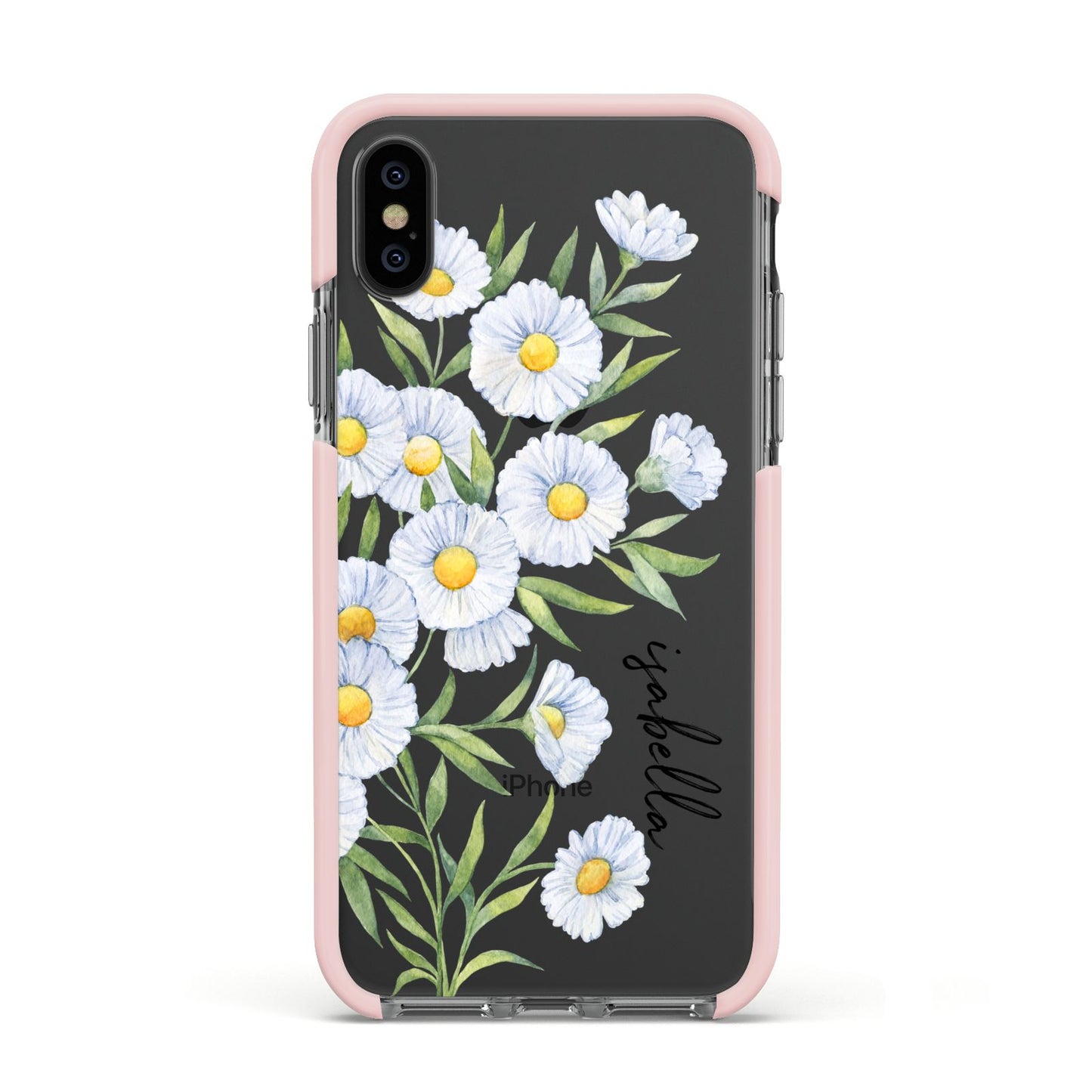 Personalised Daisy Flower Apple iPhone Xs Impact Case Pink Edge on Black Phone