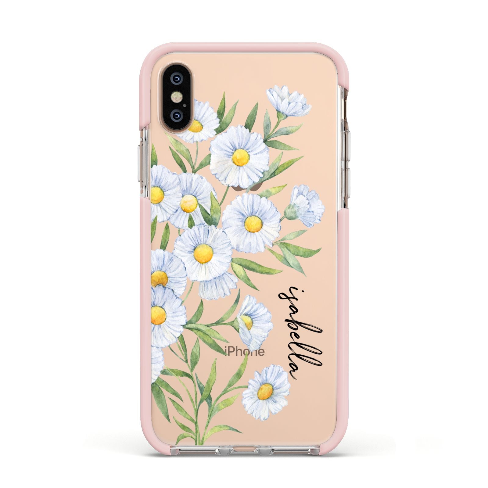 Personalised Daisy Flower Apple iPhone Xs Impact Case Pink Edge on Gold Phone