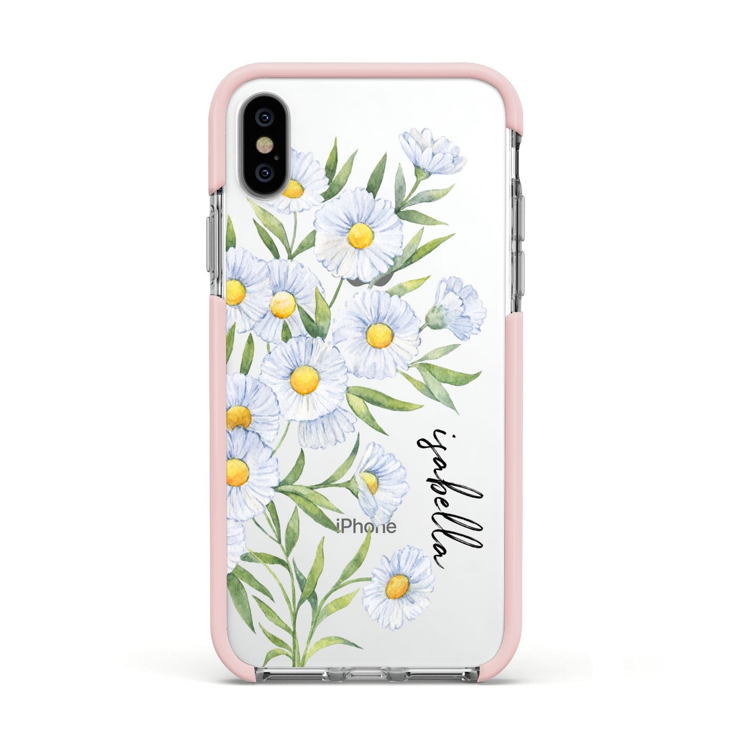 Personalised Daisy Flower Apple iPhone Xs Impact Case Pink Edge on Silver Phone