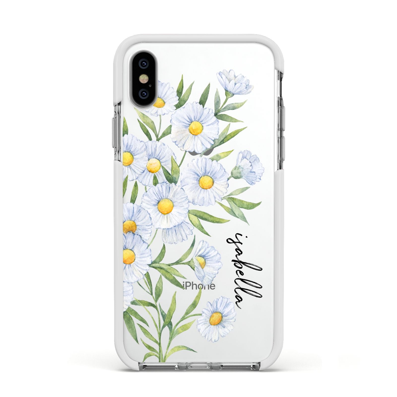 Personalised Daisy Flower Apple iPhone Xs Impact Case White Edge on Silver Phone