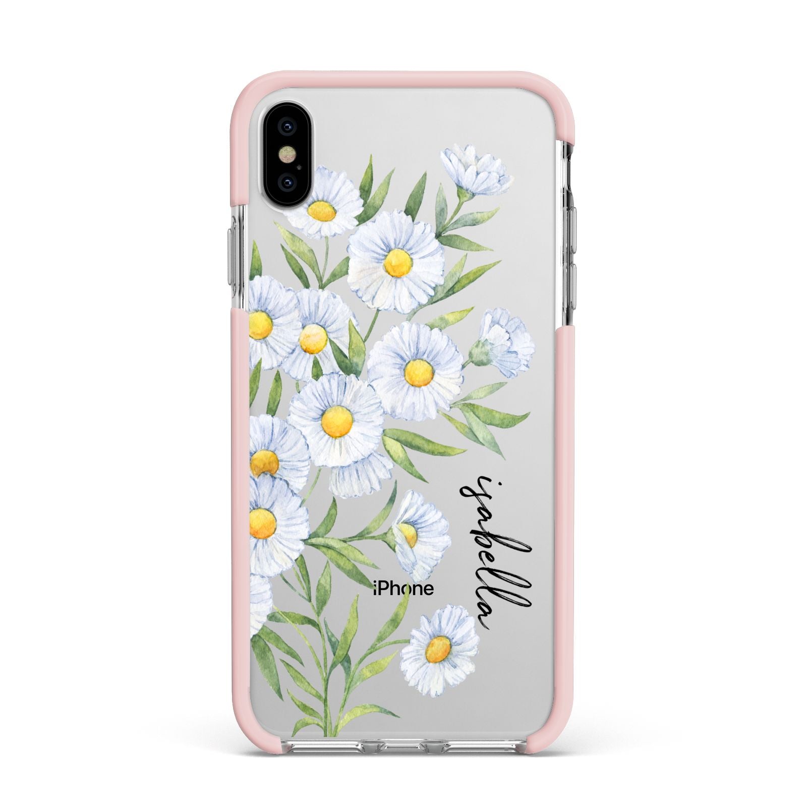 Personalised Daisy Flower Apple iPhone Xs Max Impact Case Pink Edge on Silver Phone