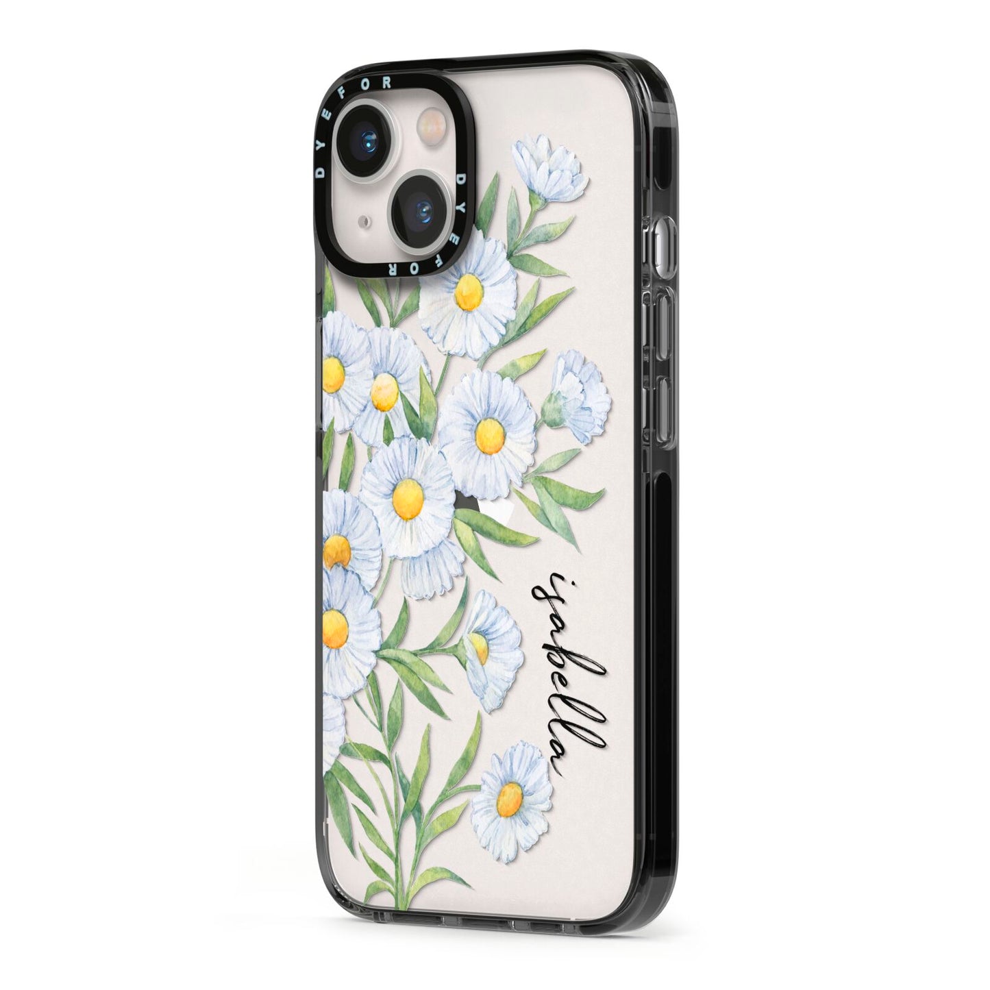 Personalised Daisy Flower iPhone 13 Black Impact Case Side Angle on Silver phone