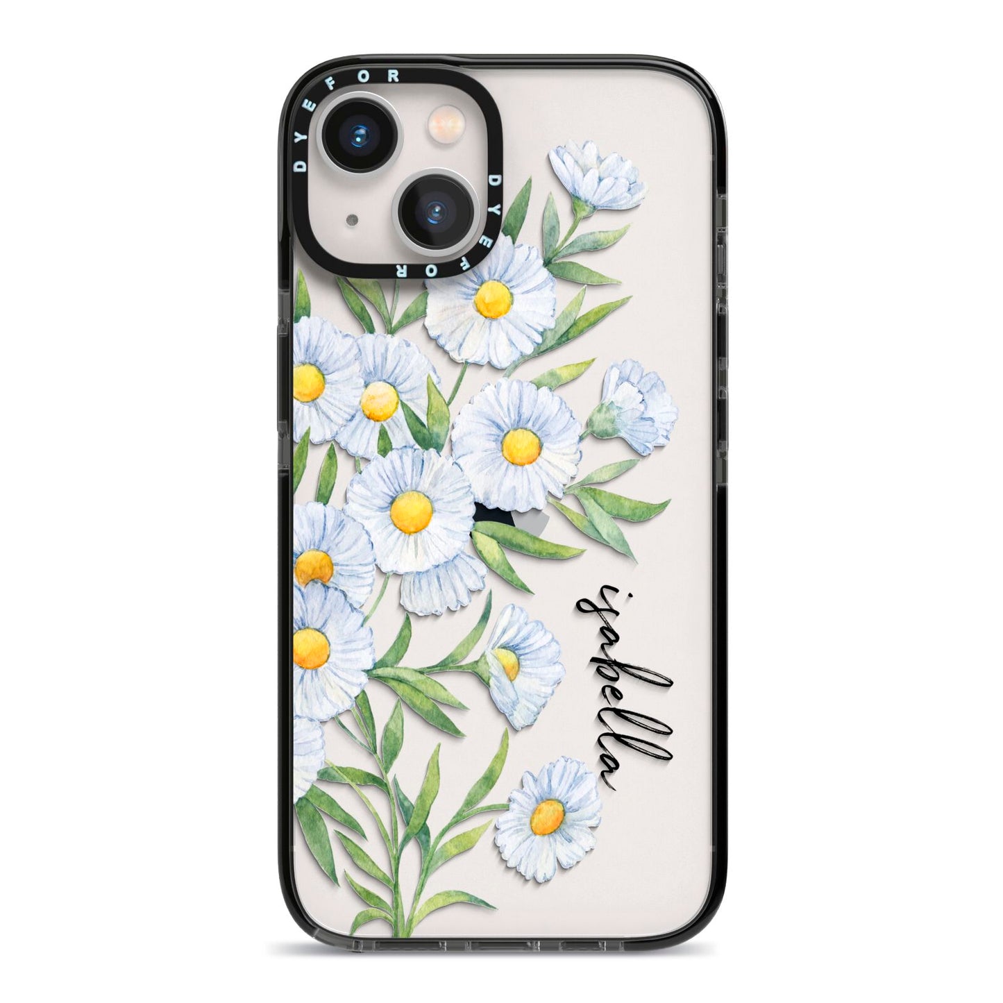 Personalised Daisy Flower iPhone 13 Black Impact Case on Silver phone