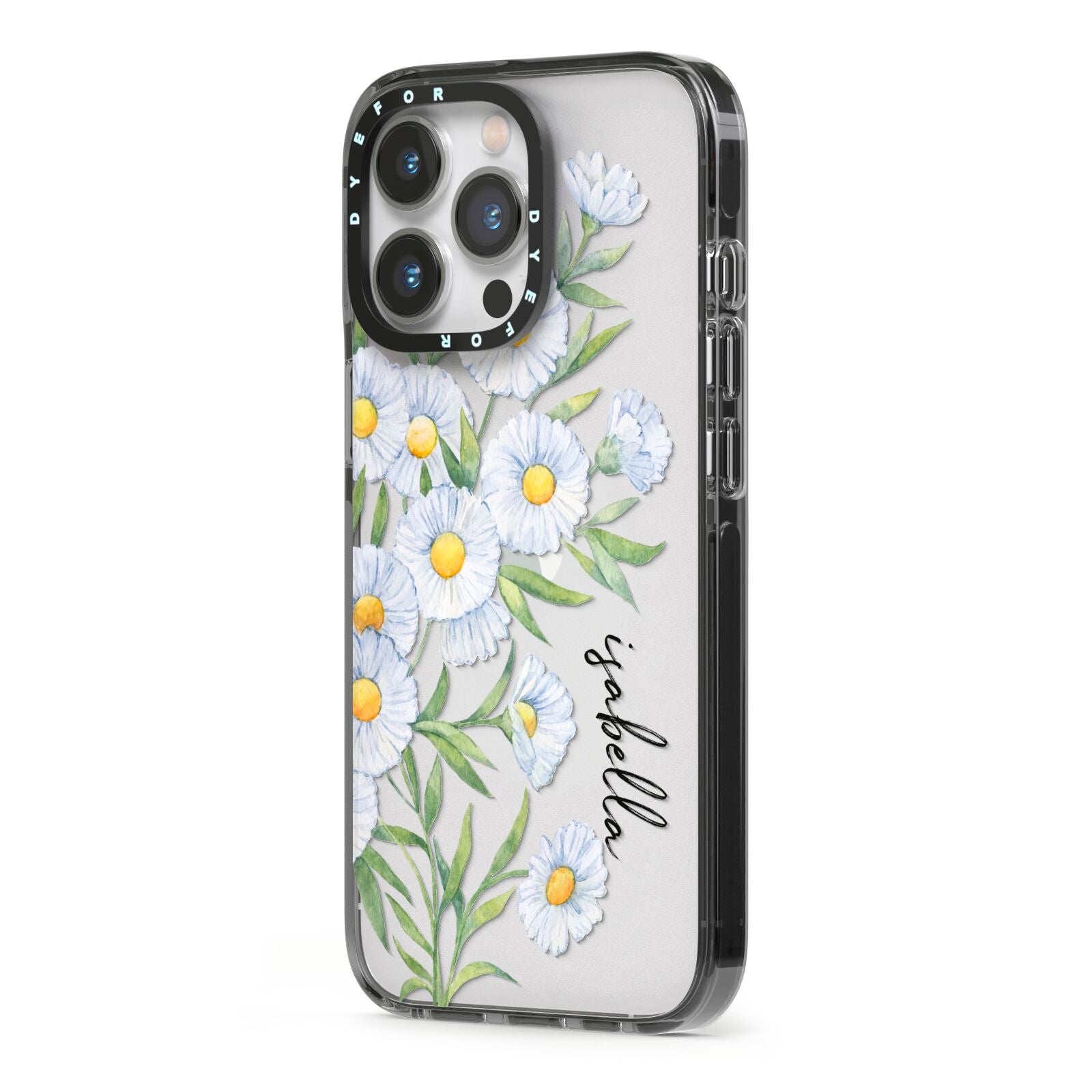 Personalised Daisy Flower iPhone 13 Pro Black Impact Case Side Angle on Silver phone