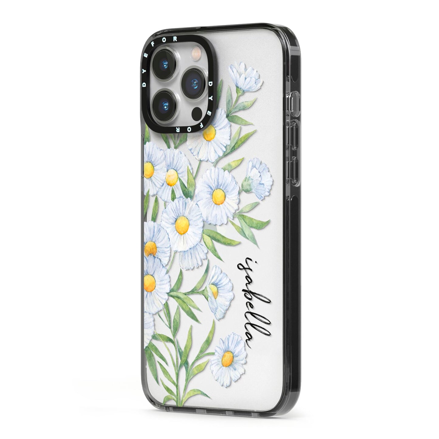 Personalised Daisy Flower iPhone 13 Pro Max Black Impact Case Side Angle on Silver phone