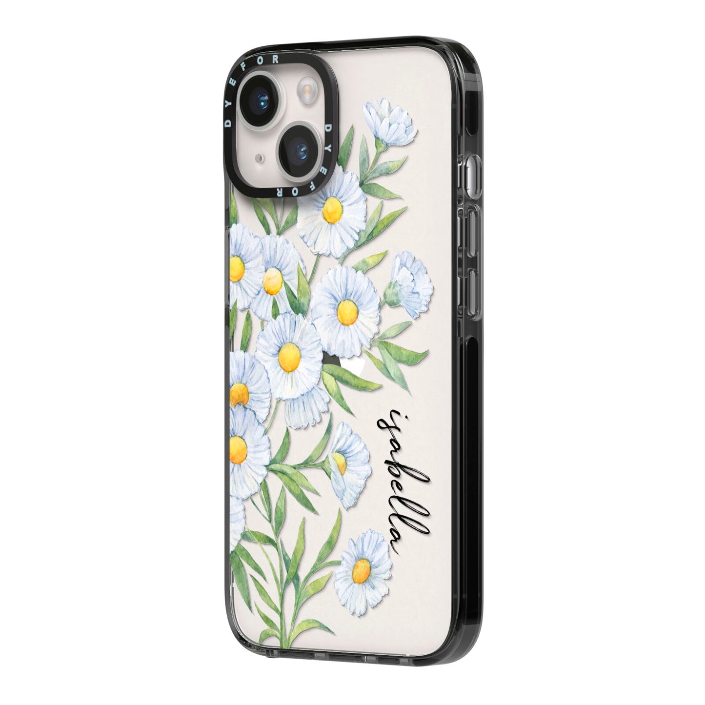Personalised Daisy Flower iPhone 14 Black Impact Case Side Angle on Silver phone