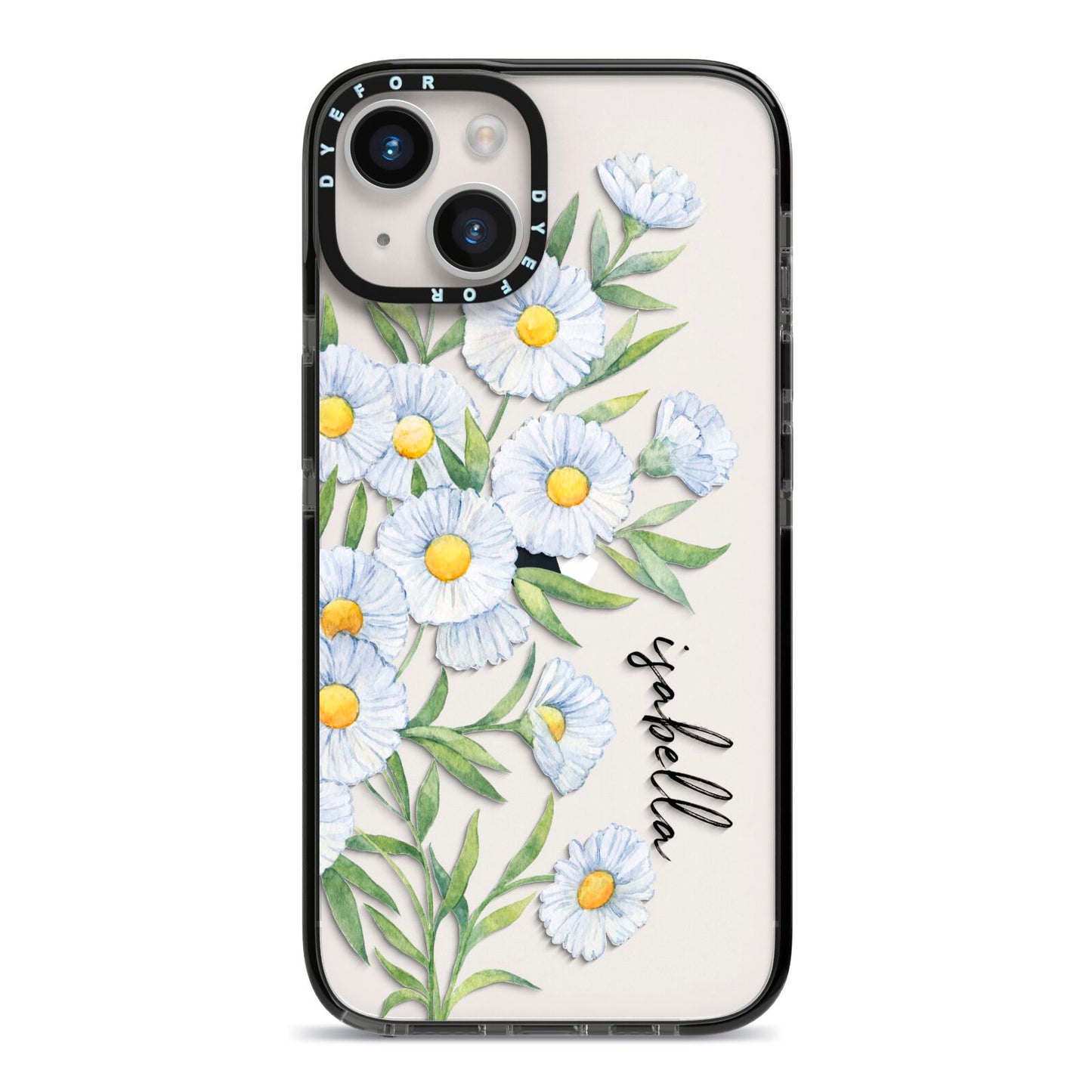 Personalised Daisy Flower iPhone 14 Black Impact Case on Silver phone