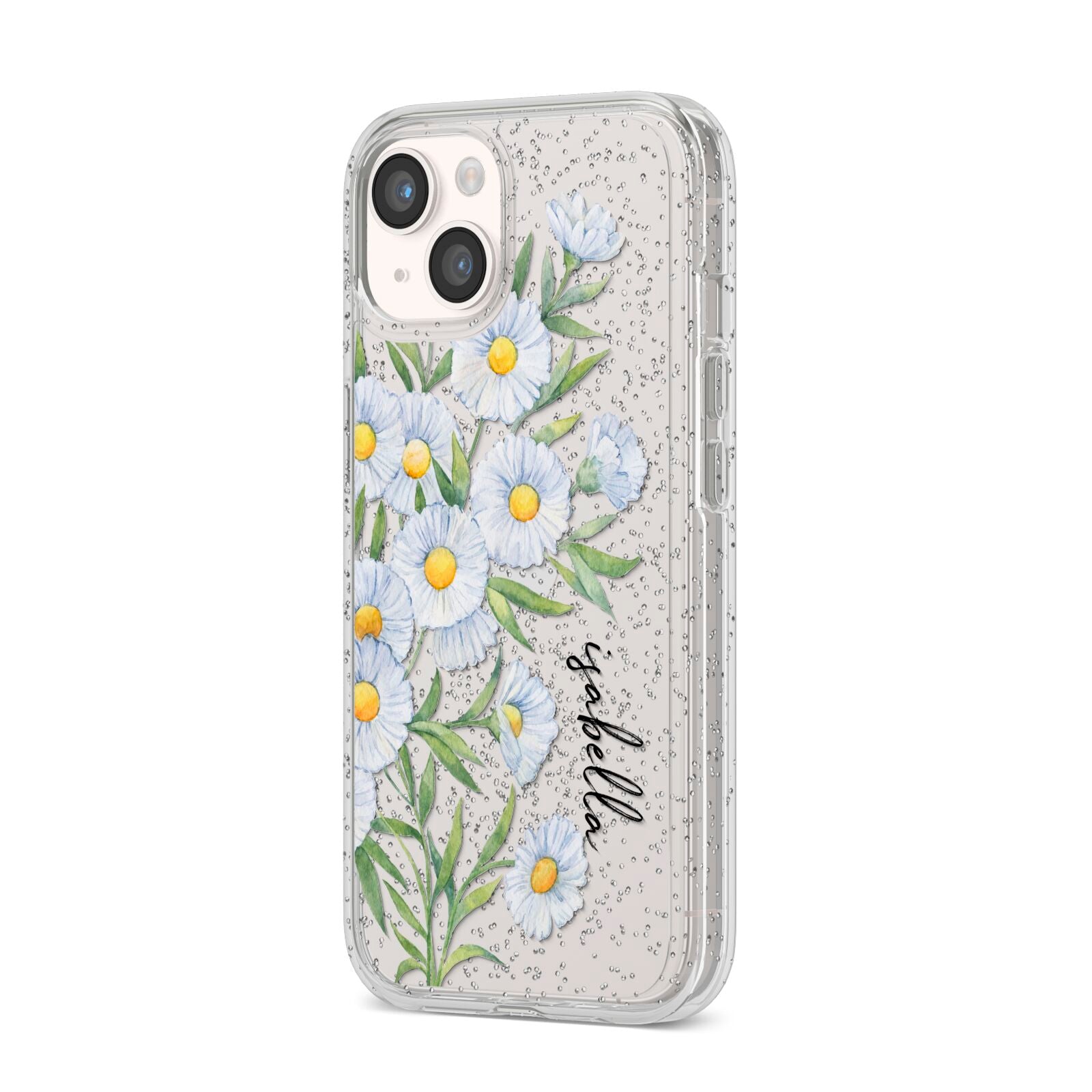 Personalised Daisy Flower iPhone 14 Glitter Tough Case Starlight Angled Image