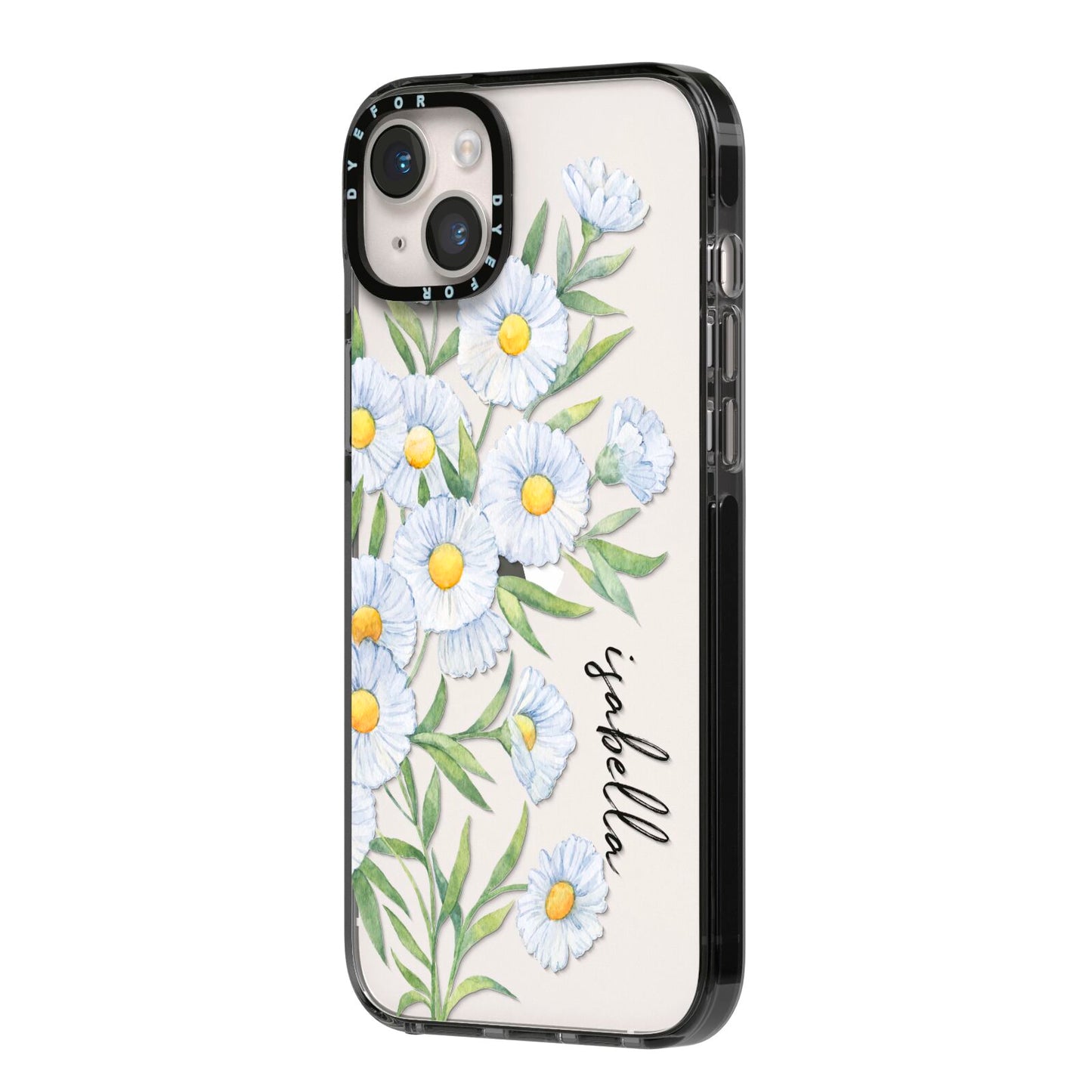 Personalised Daisy Flower iPhone 14 Plus Black Impact Case Side Angle on Silver phone