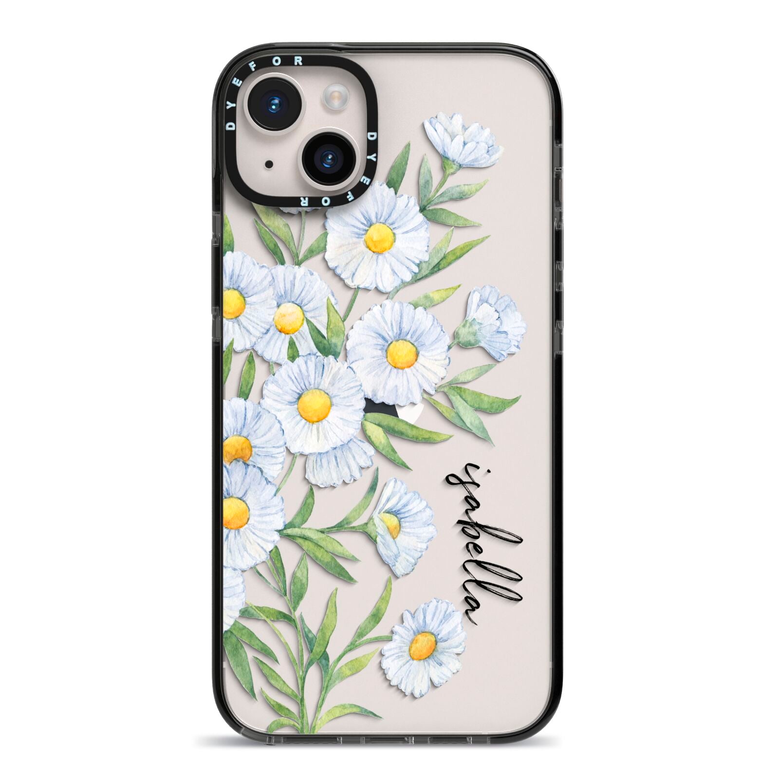 Personalised Daisy Flower iPhone 14 Plus Black Impact Case on Silver phone
