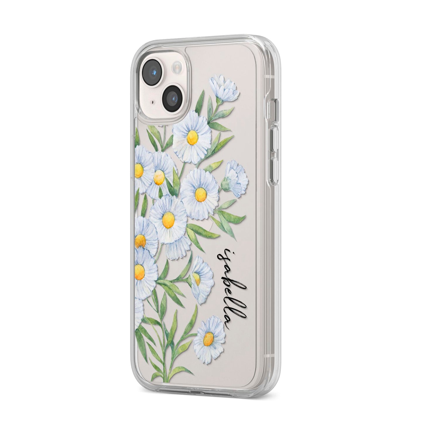 Personalised Daisy Flower iPhone 14 Plus Clear Tough Case Starlight Angled Image