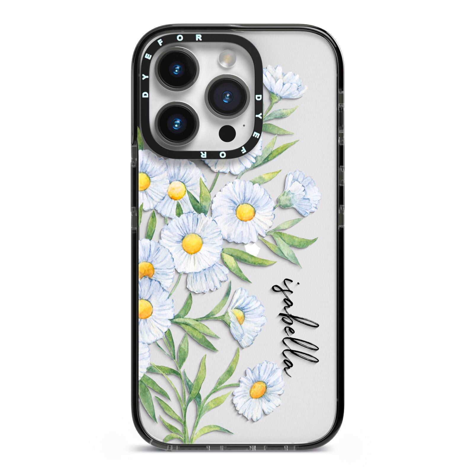 Personalised Daisy Flower iPhone 14 Pro Black Impact Case on Silver phone