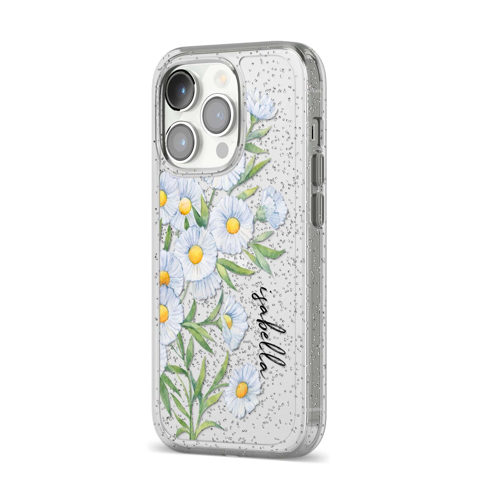 Personalised Daisy Flower iPhone 14 Pro Glitter Tough Case Silver Angled Image