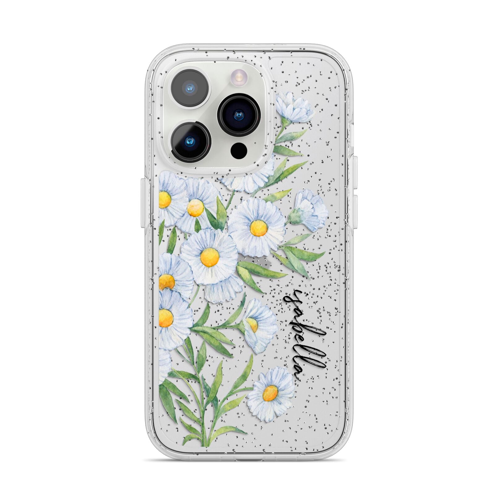 Personalised Daisy Flower iPhone 14 Pro Glitter Tough Case Silver