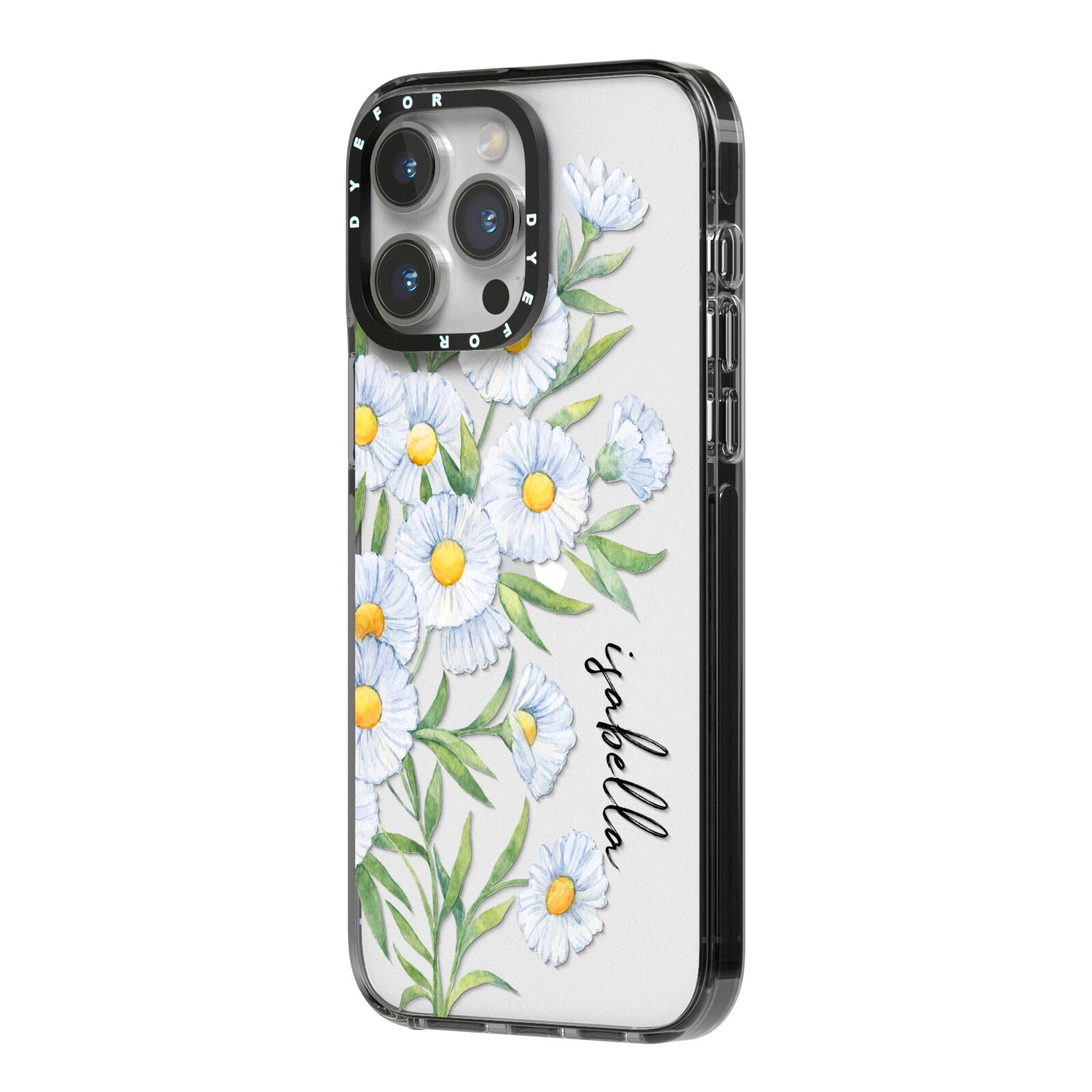 Personalised Daisy Flower iPhone 14 Pro Max Black Impact Case Side Angle on Silver phone