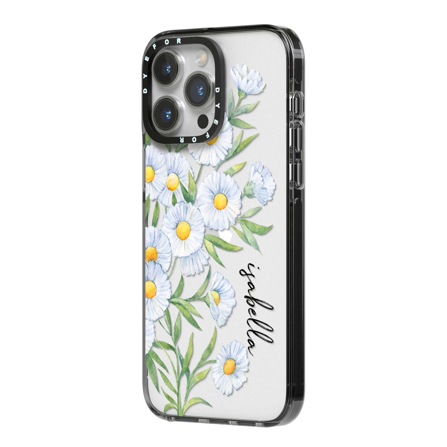 Personalised Daisy Flower iPhone 14 Pro Max Black Impact Case Side Angle on Silver phone