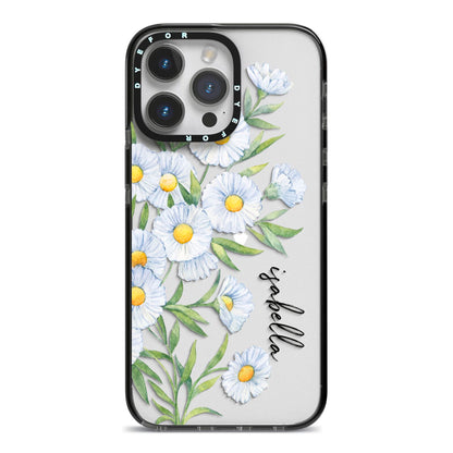 Personalised Daisy Flower iPhone 14 Pro Max Black Impact Case on Silver phone