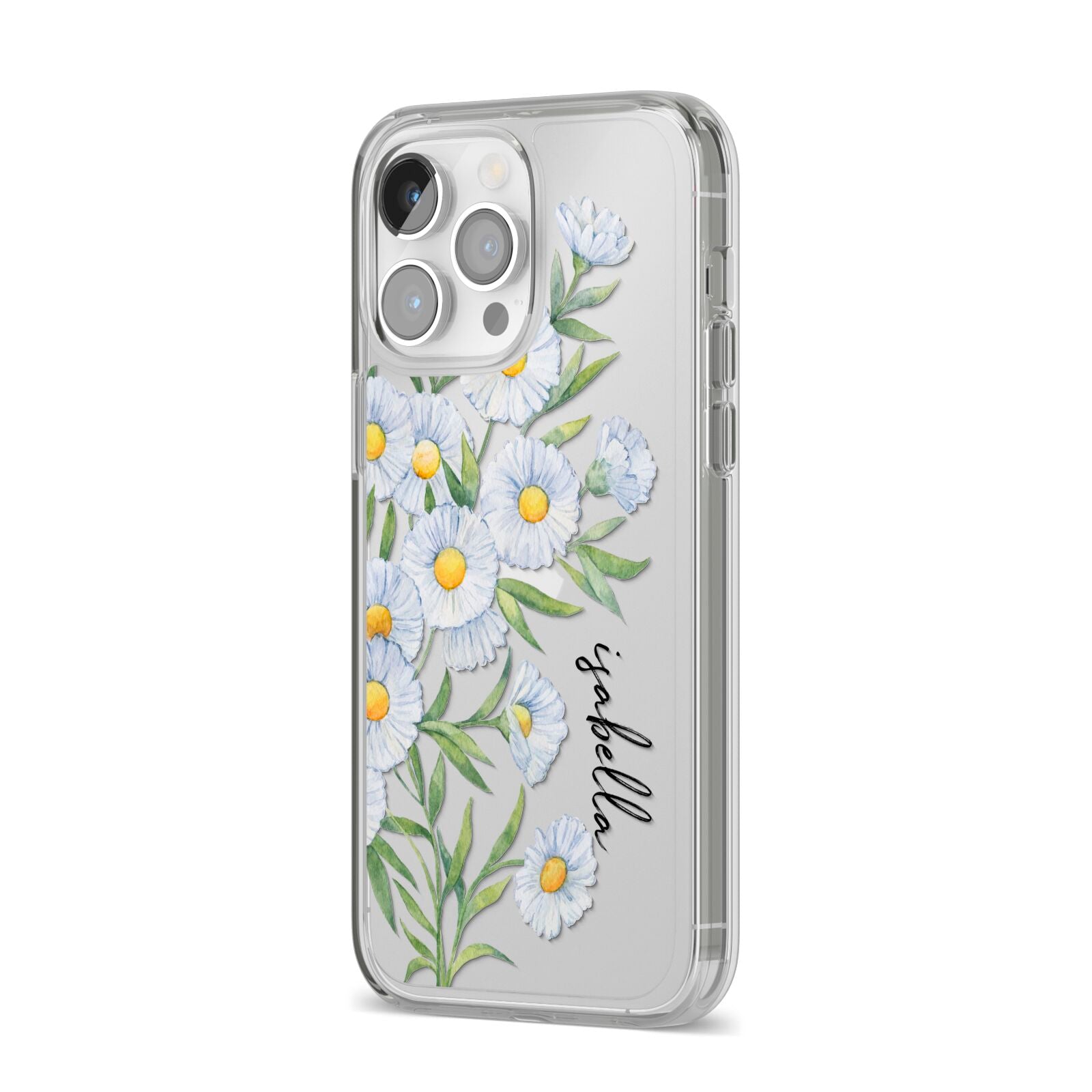 Personalised Daisy Flower iPhone 14 Pro Max Clear Tough Case Silver Angled Image