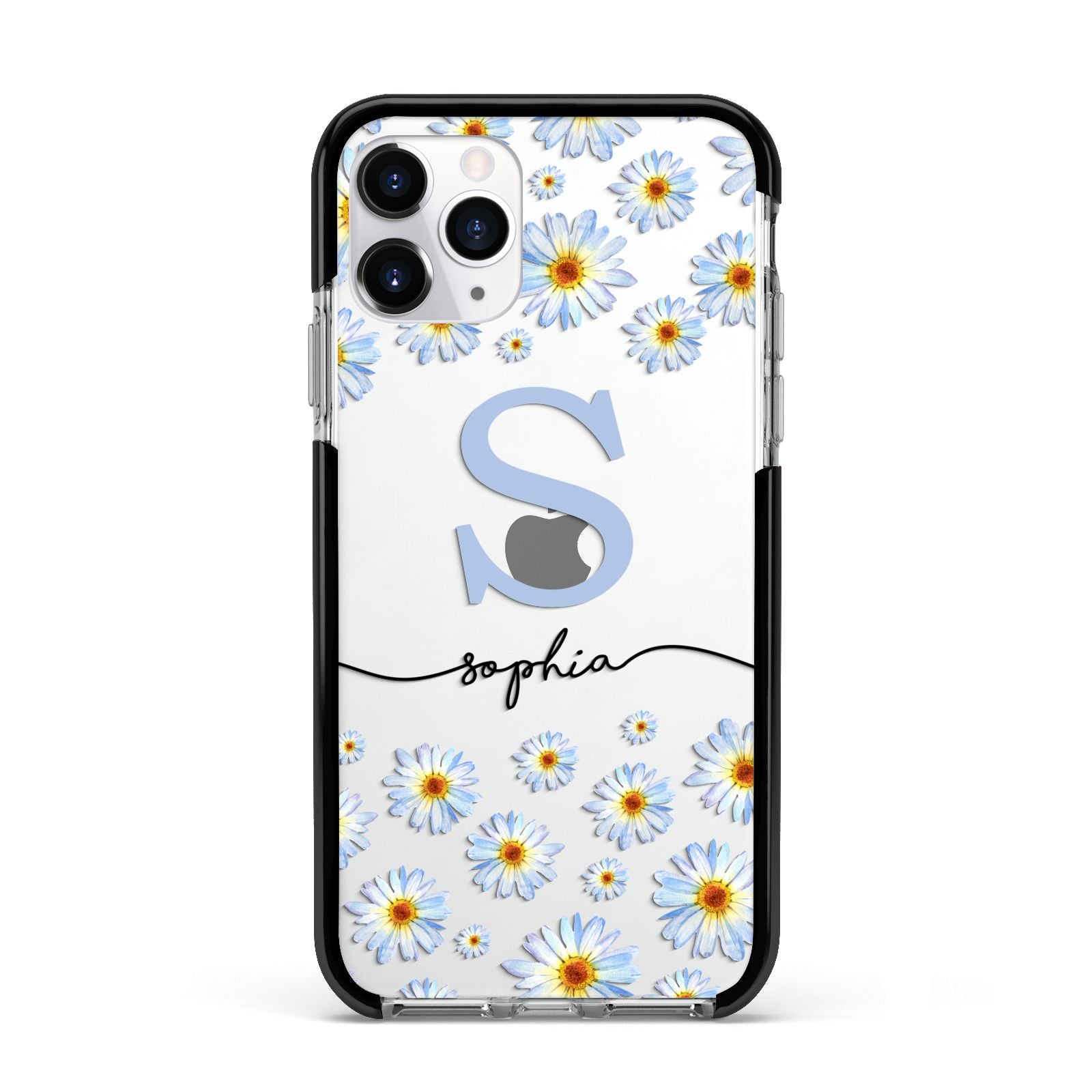 Personalised Daisy Initial Name Apple iPhone 11 Pro in Silver with Black Impact Case