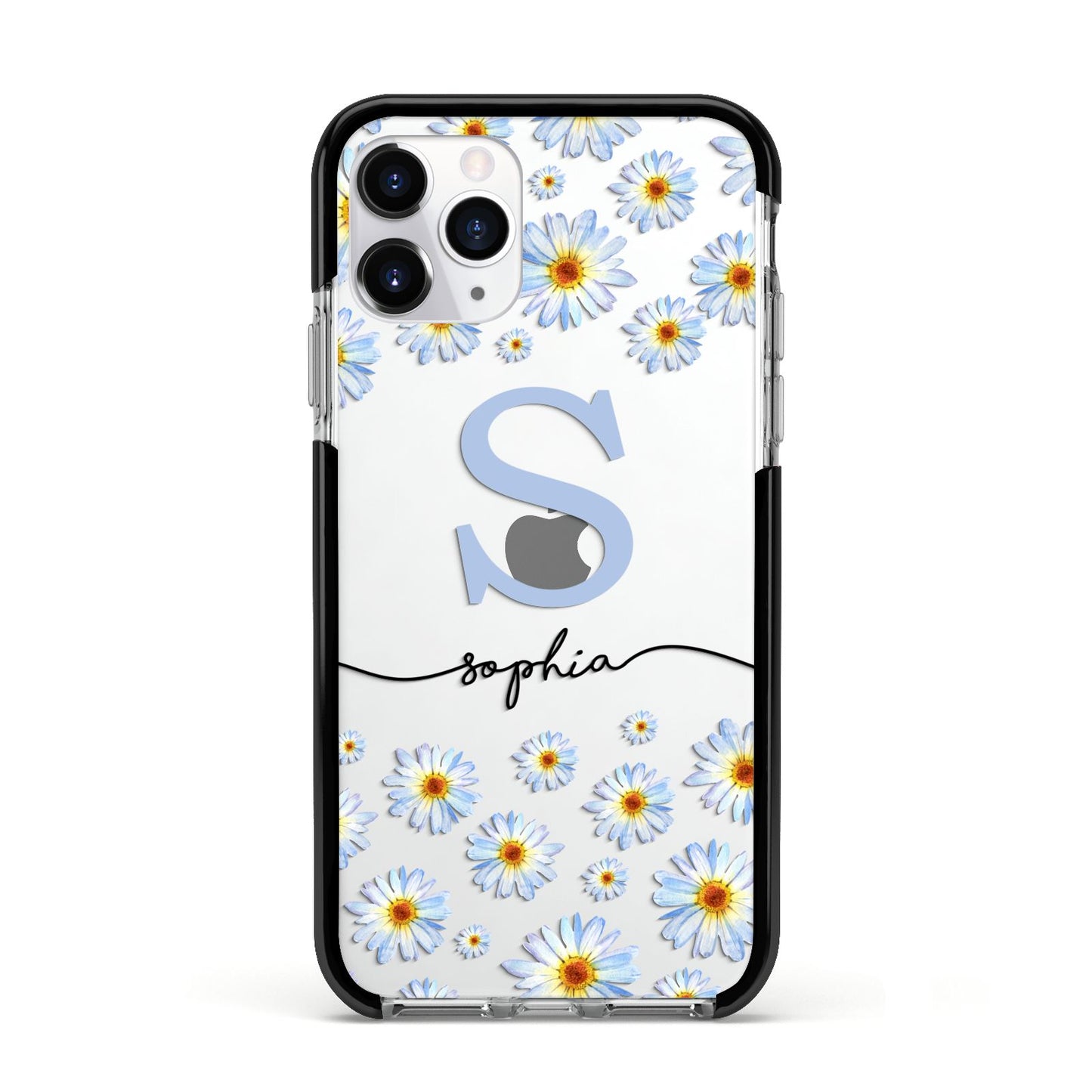 Personalised Daisy Initial Name Apple iPhone 11 Pro in Silver with Black Impact Case