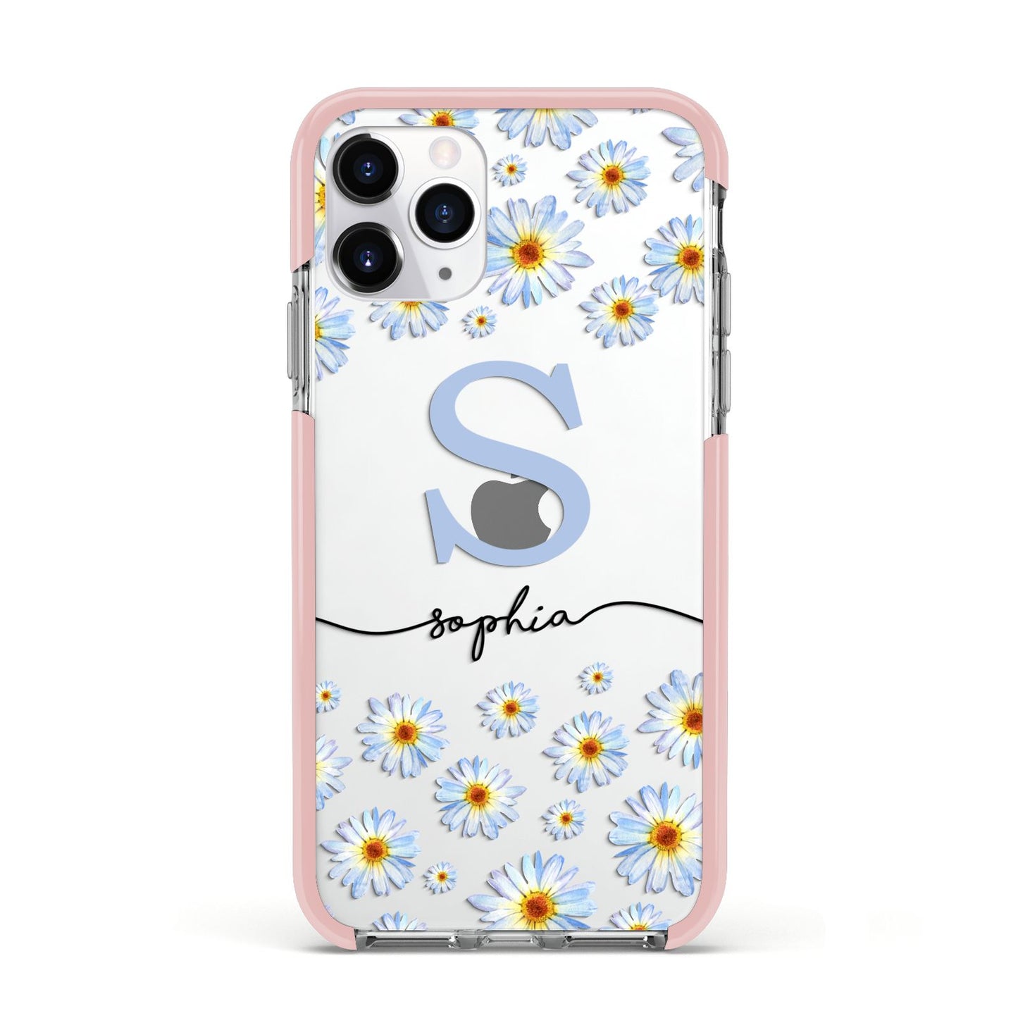 Personalised Daisy Initial Name Apple iPhone 11 Pro in Silver with Pink Impact Case