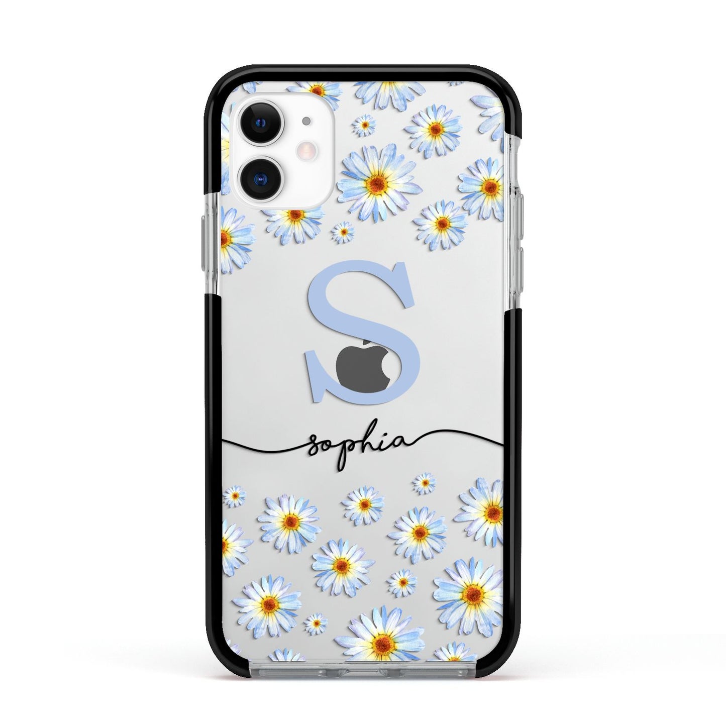 Personalised Daisy Initial Name Apple iPhone 11 in White with Black Impact Case